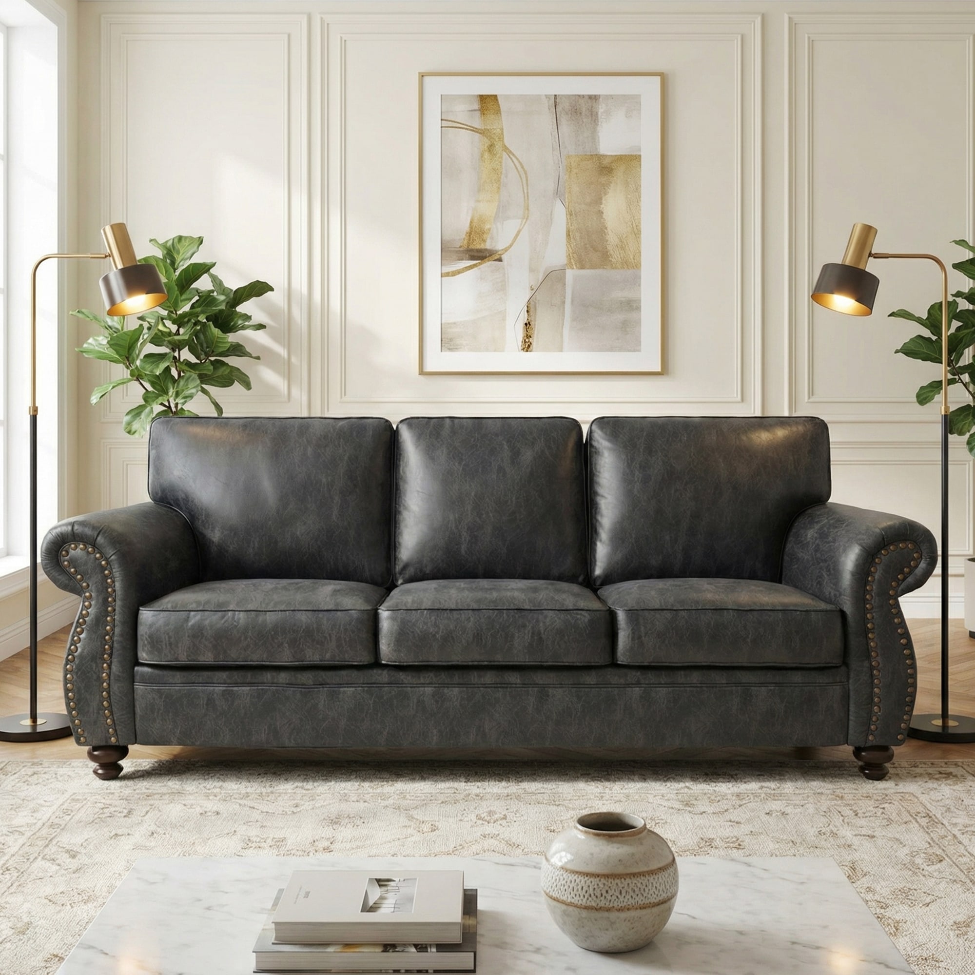 Czpalo 88-in Chesterfield Sofa 3-Seat Brown for Living Room