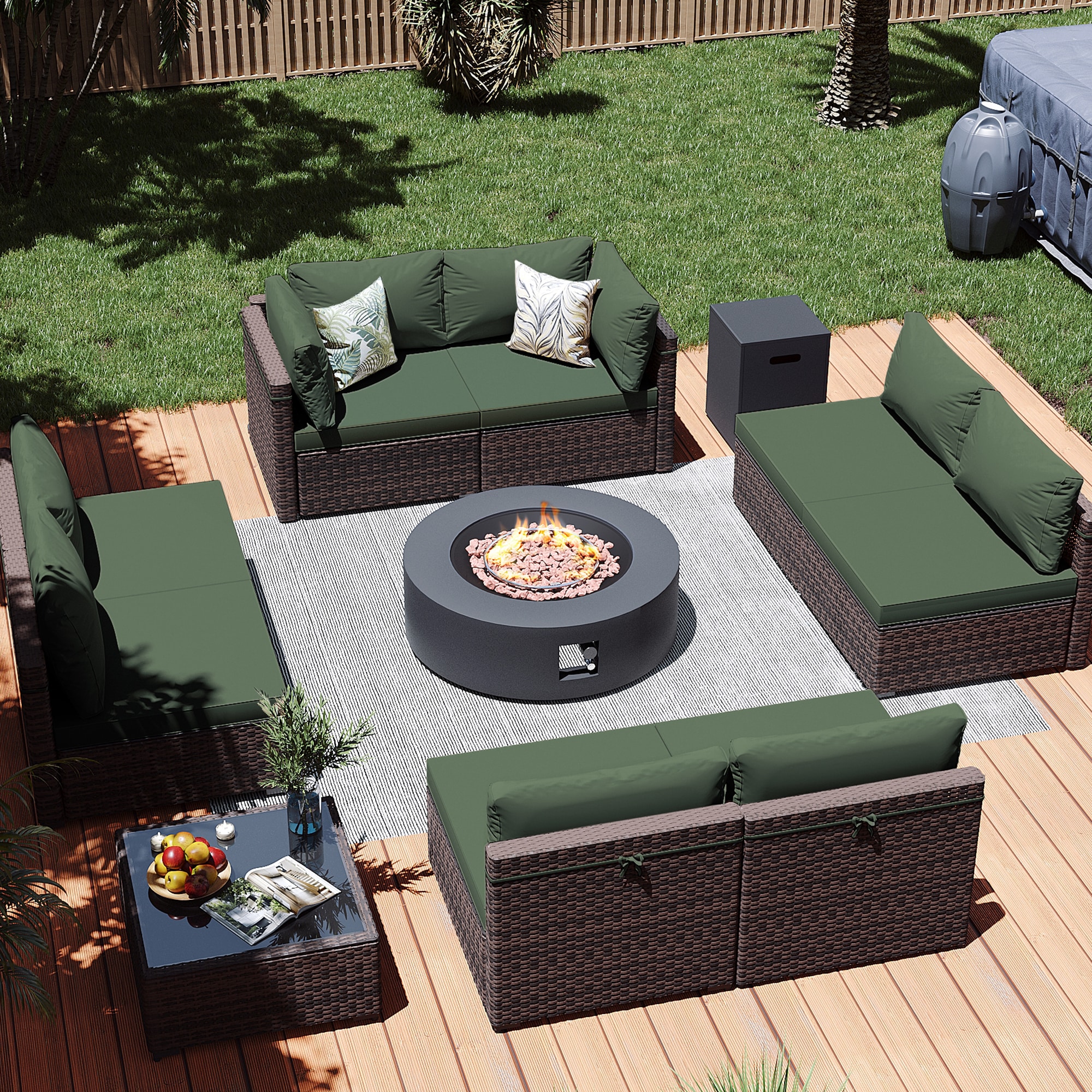 Patio Watcher LS-RT9-KD42DK-B4 10 -Piece Rattan Patio Conversation Set with Green Cushions