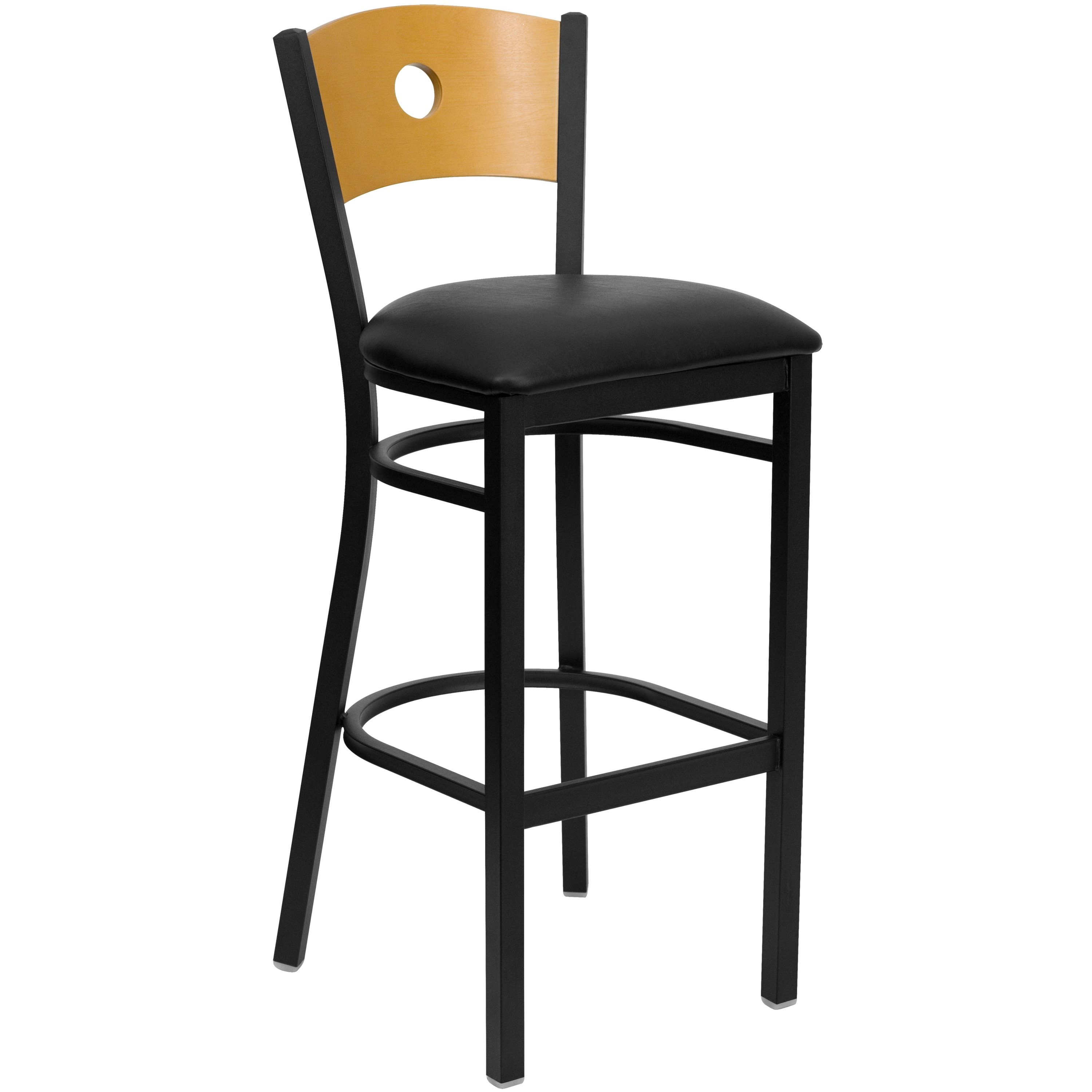 Natural Wood Back Black Vinyl Seat Metal Barstool