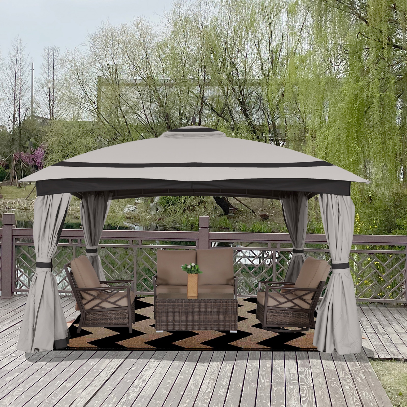 StarEcho 13-ft x 11-ft Patio gazebo with Netting and Curtain Rectangle ...