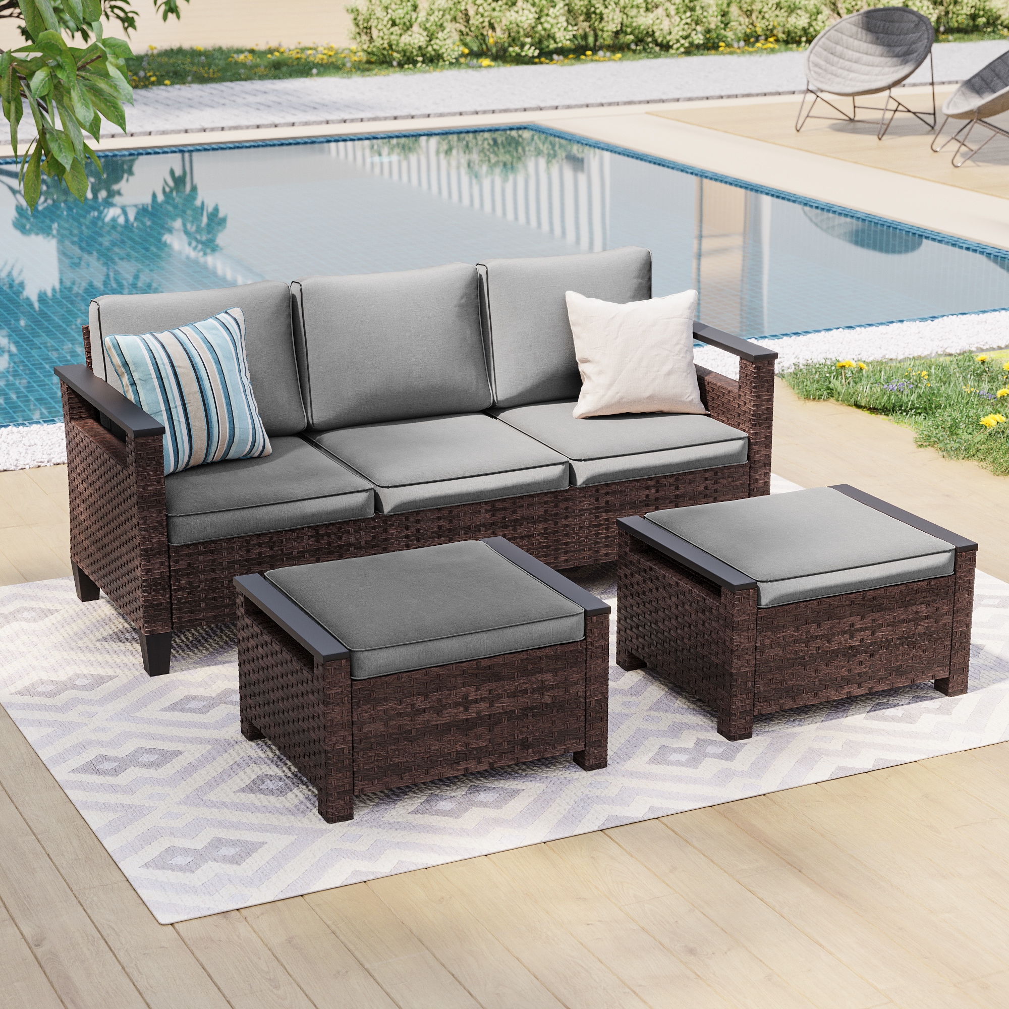 ACEGOSES LW-PS-126S1BGY Skytop 3 -Piece Wicker Patio Sofa Conversation Set with Gray Cushions
