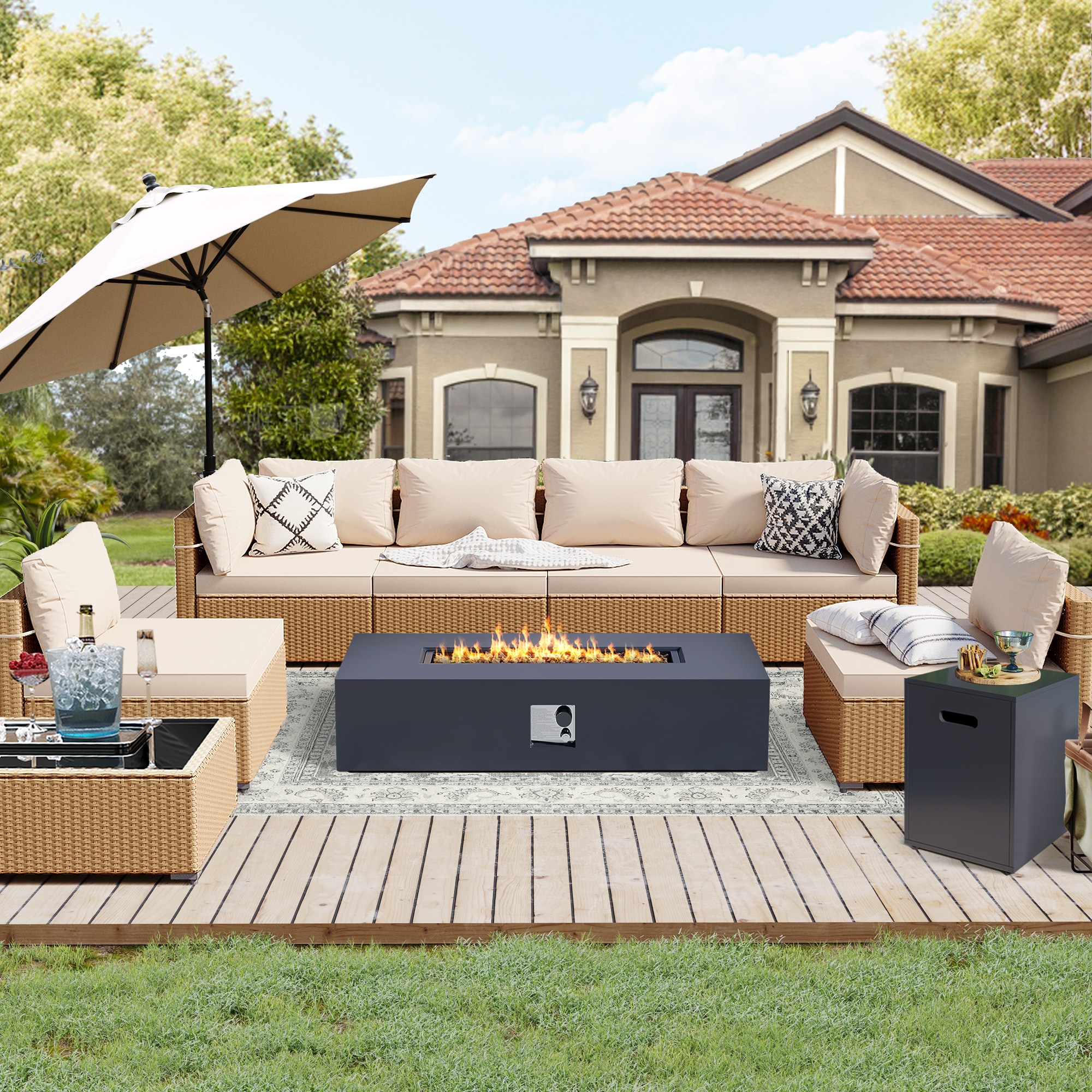 UPHA PL-2CZ-56TPDK-H1 9-Pieces Beige Wicker Patio Furniture Set With 56 in. Rectangular Iron Outdoor Dark Gray Fire Pit Table, Conversation Set with Beige Cushions 9 -Piece Wicker 4 Patio Sofa Conversation Set with Beige Cushions