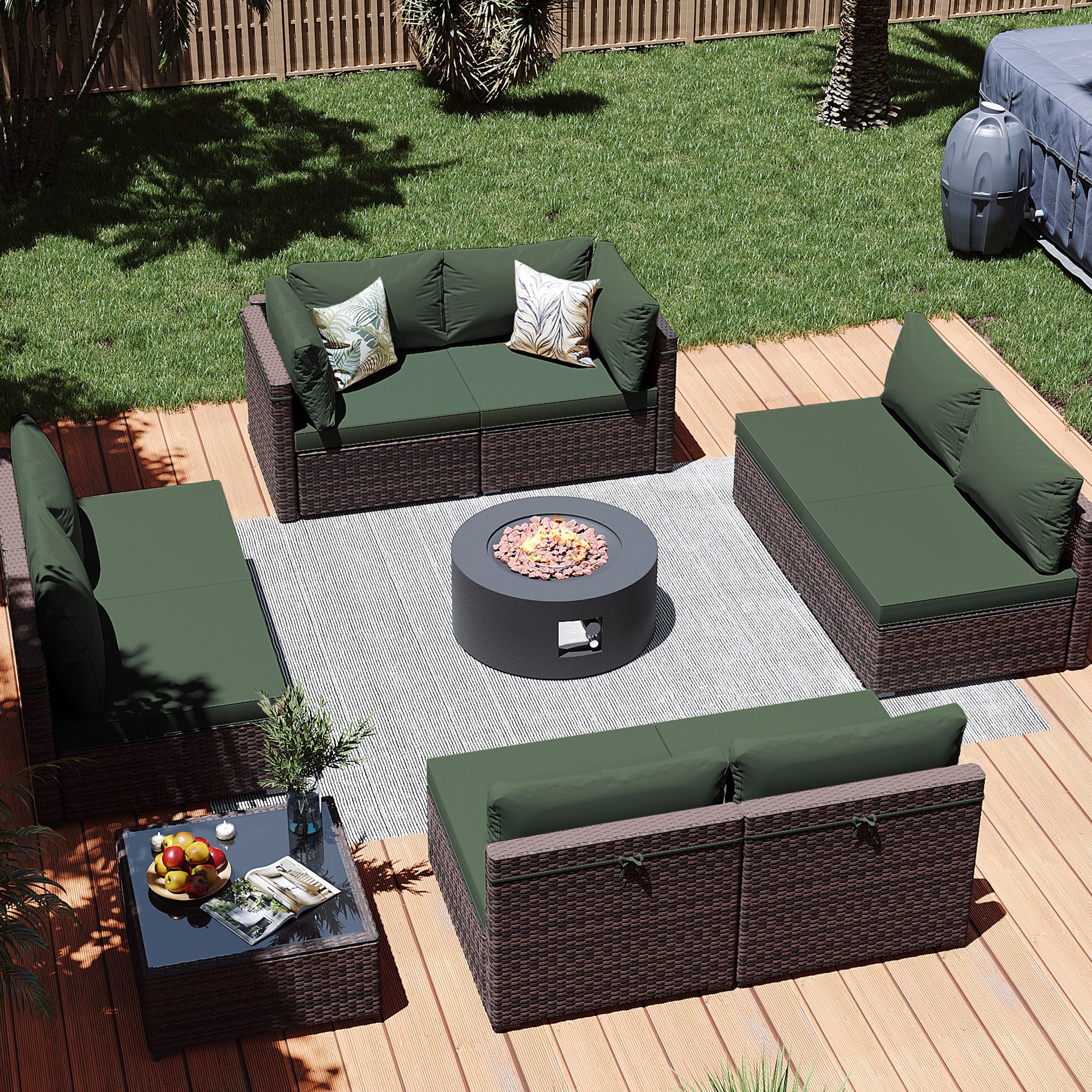 Patio Watcher LS-RT9-28TPDK-B4 10 -Piece Rattan Patio Conversation Set with Green Cushions