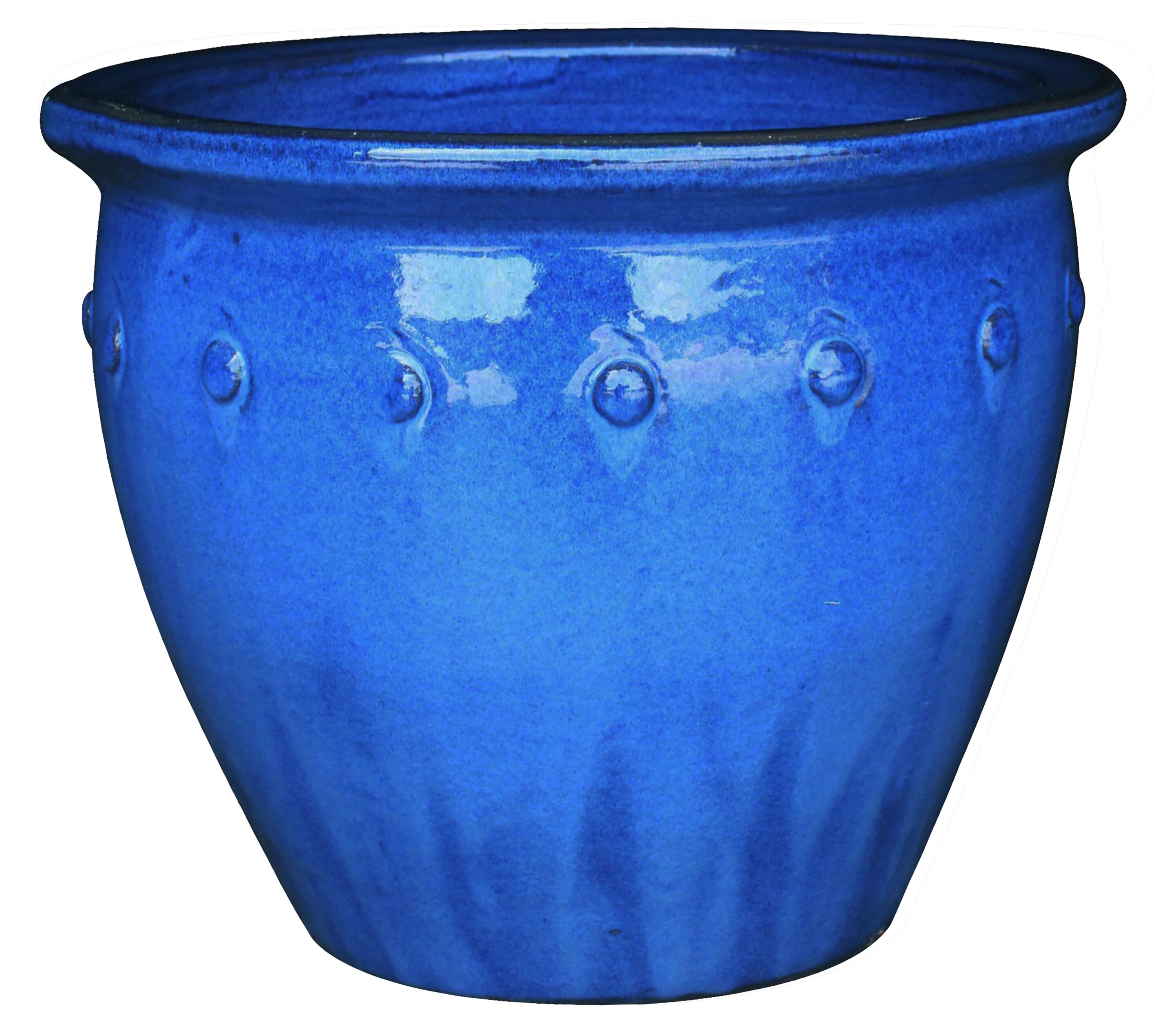allen + roth 6878-9 Round 7.1-in W Small Blue Ceramic Outdoor Planter with Drainage Holes