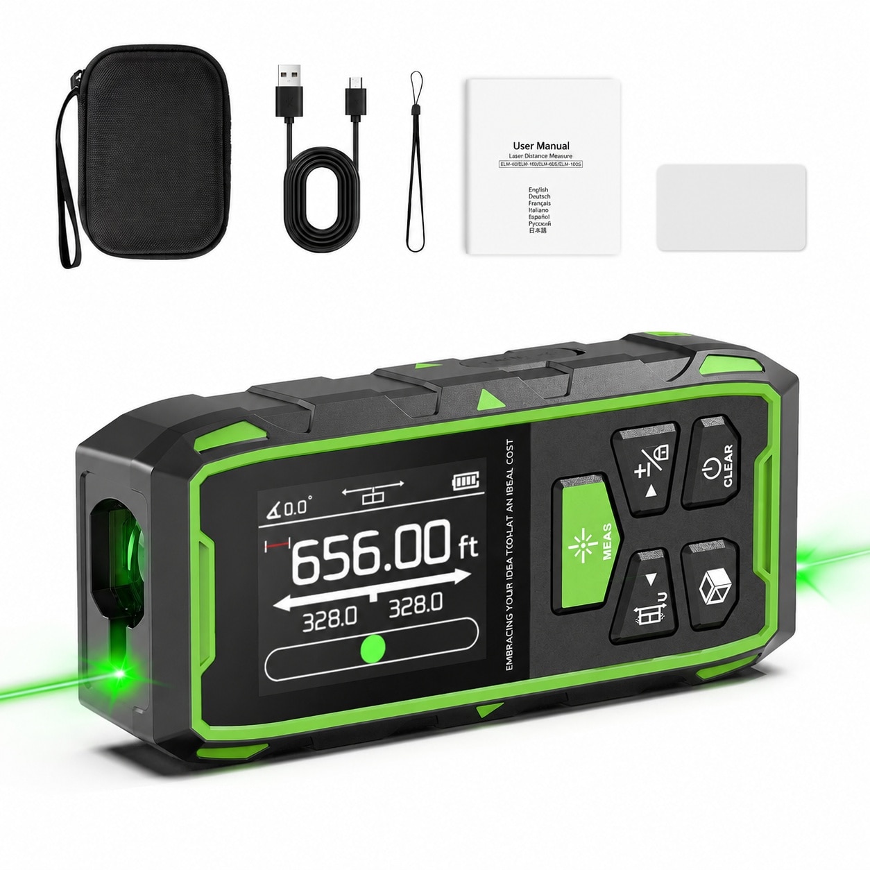 Linder Group Inc Dual laser distance measuring tool 656 foot green beam bilateral digital measurer with backlit LCD length area volume angle sensor nine modes #L3GM3CEZ
