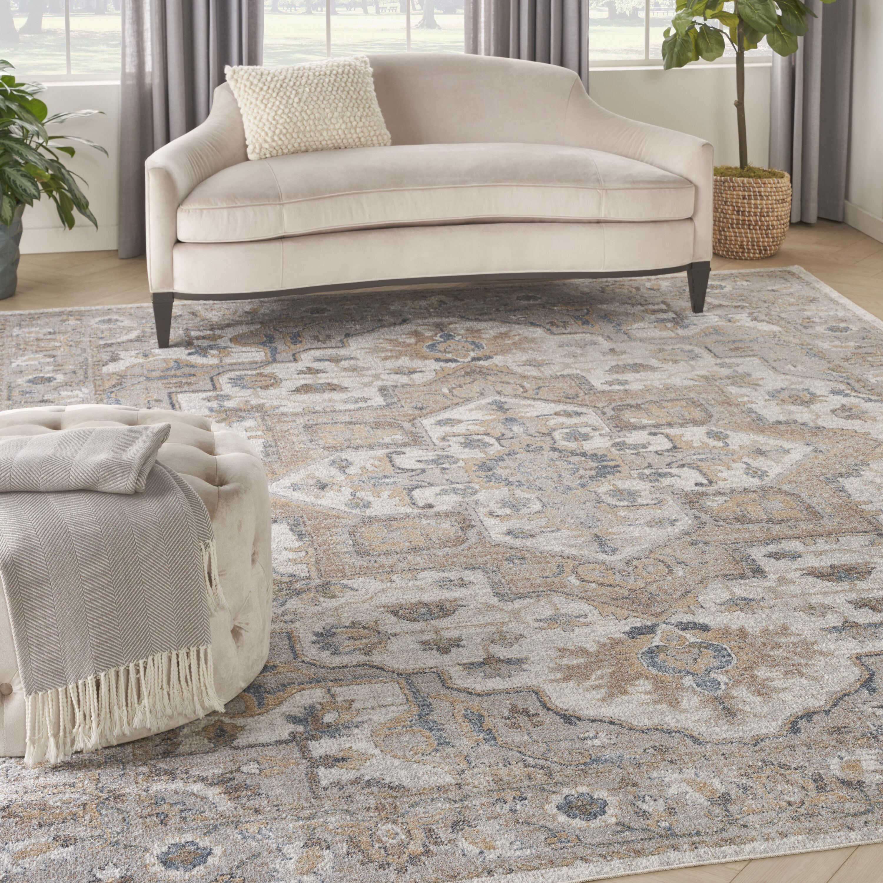 Nourison 099446127266 Astra Machine Washable 8 x 10 (ft) Loomed Polyester Silver Grey Rectangular Indoor Distressed/Overdyed Vintage Machine washable Area rug