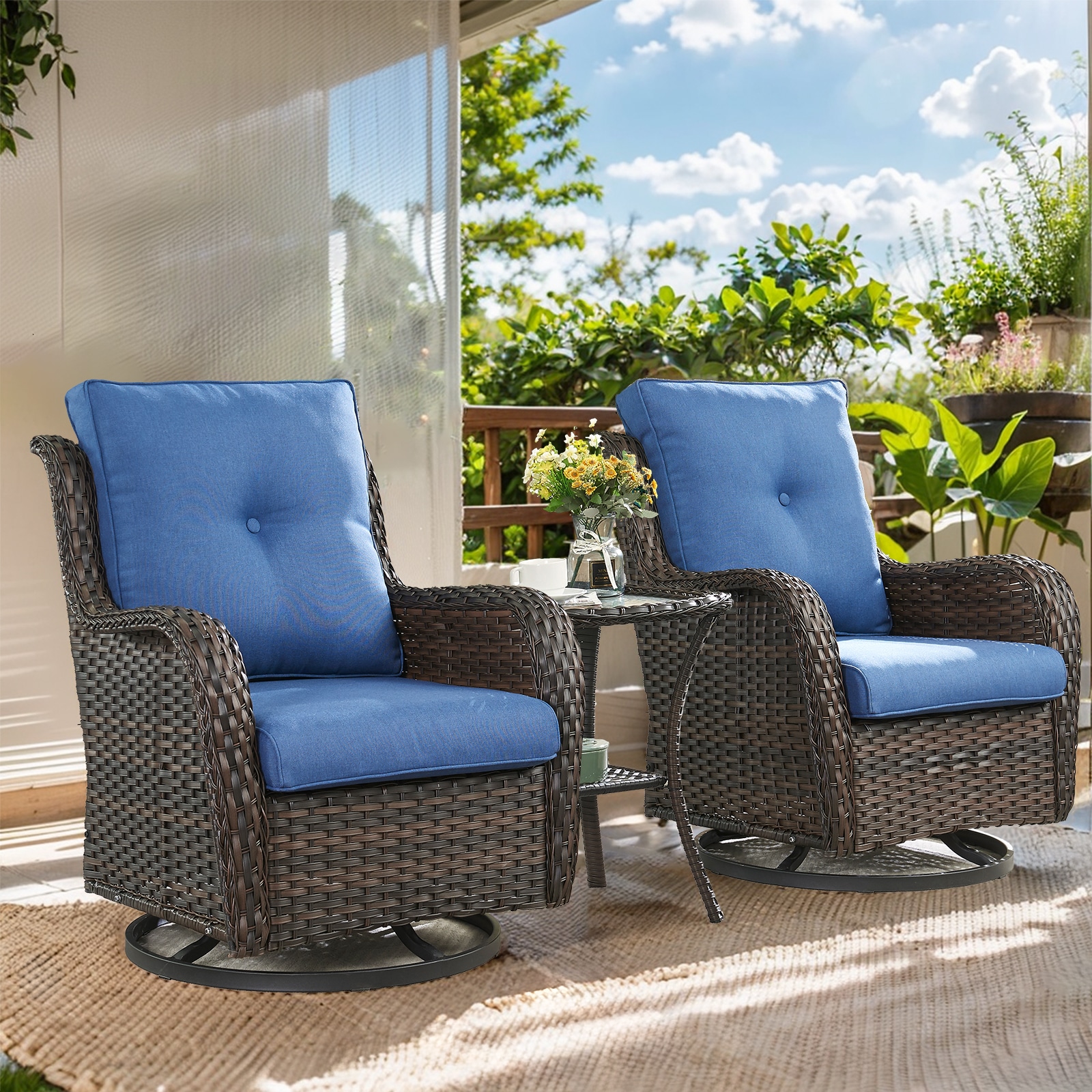 PA035-1 PACHAIRS-T Set of 2 Wicker Brown Steel Frame Swivel glider Conversation Chair with Navy Cushioned Seat