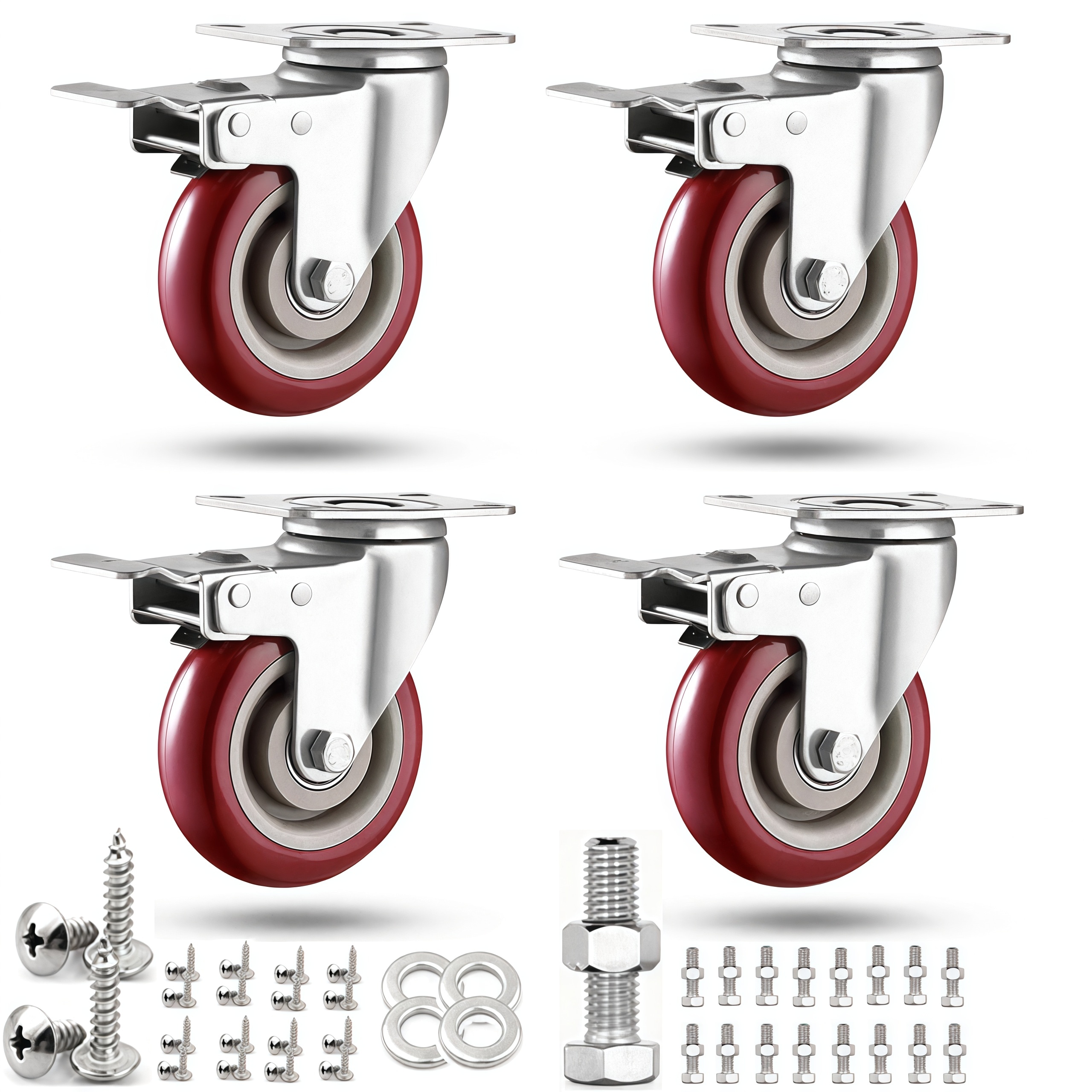 Numhew 4in H Set of 4 Lockable Plate Heavy Duty Casters 2400lb Load Capacity Polyurethane Swivel Black Caster Wheels with Brakes #NHSEAN8000