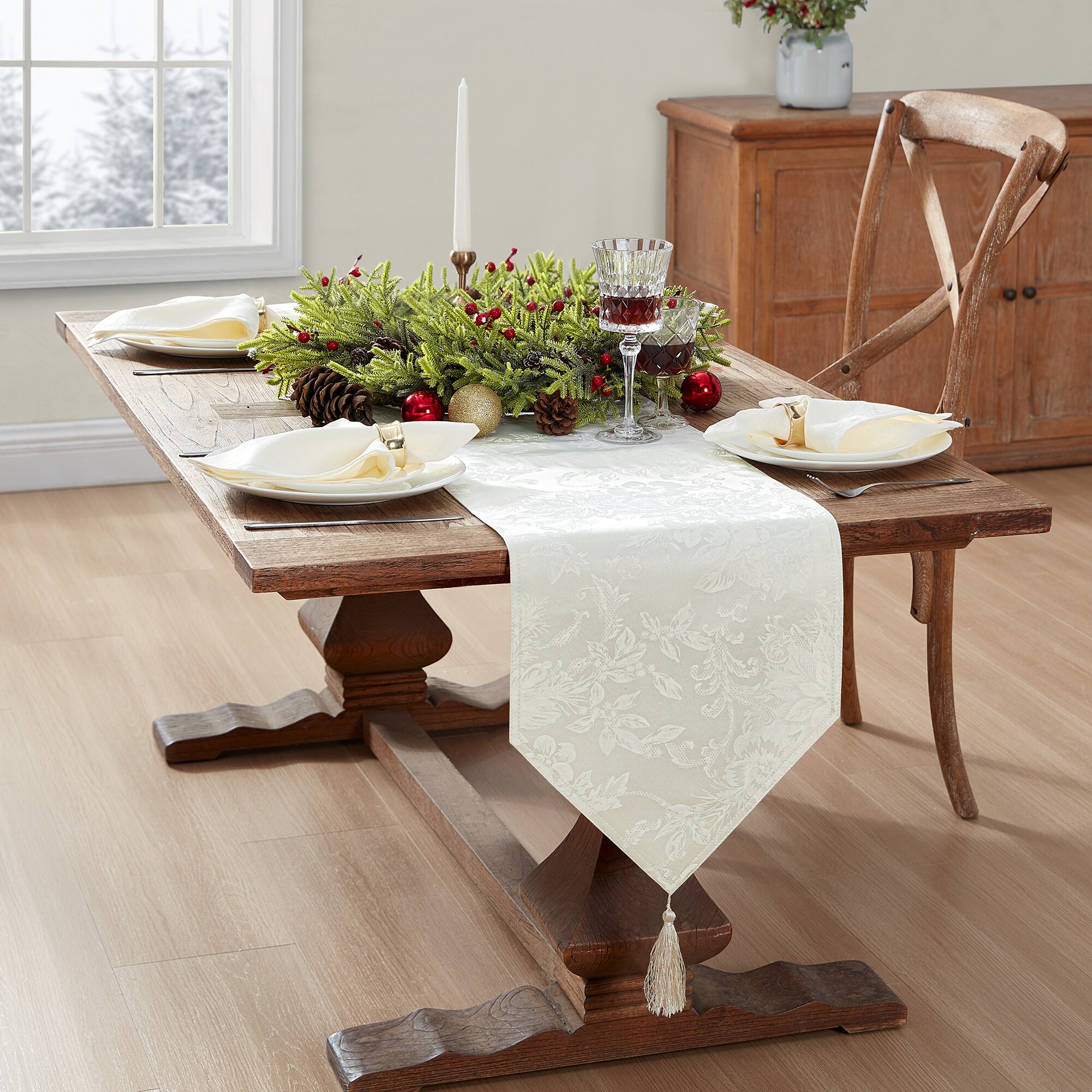 Ivory Polyester Jacquard Holiday Table Runner with Tassels