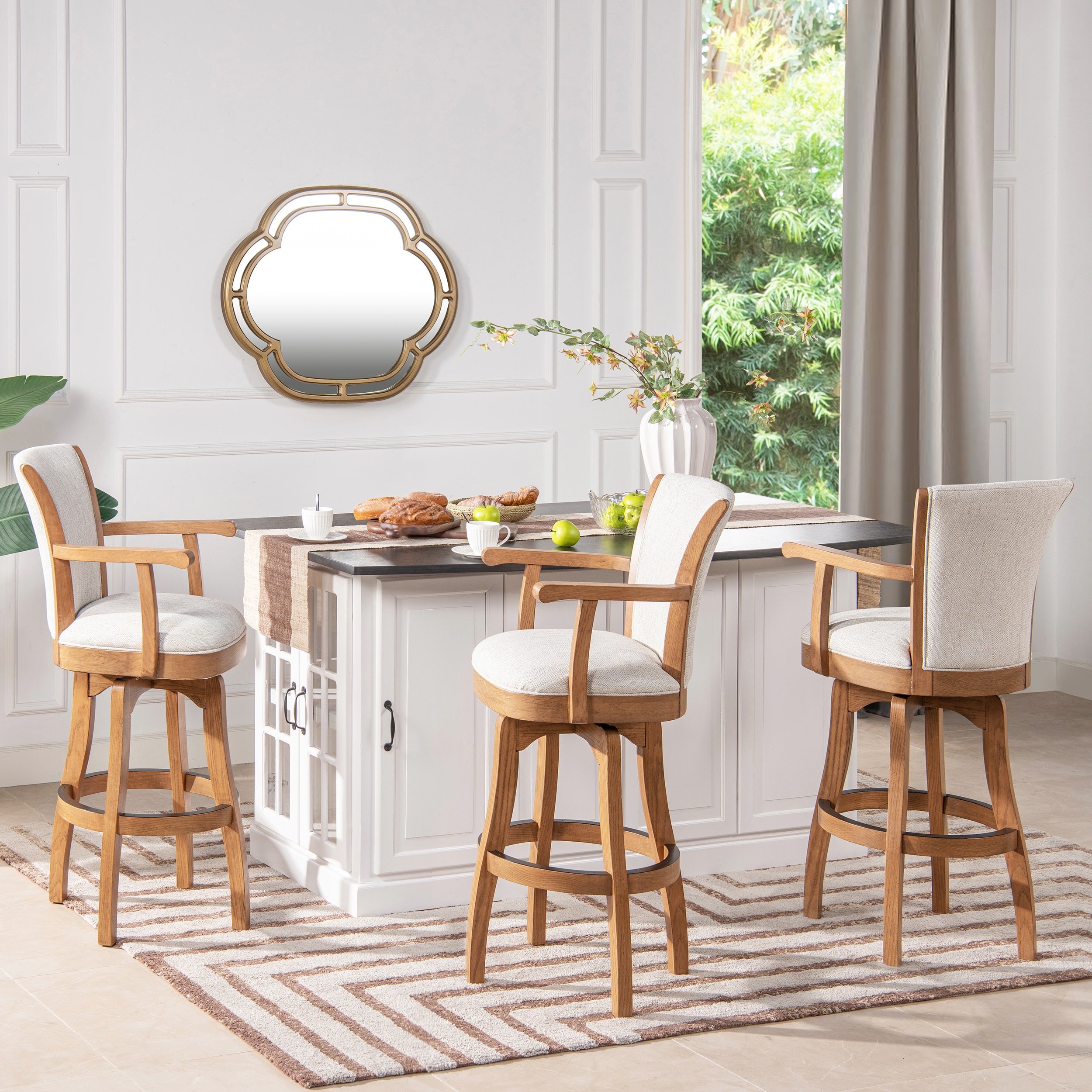 Williams 31'' White Leather Swivel Bar Stool with Oak Armrests