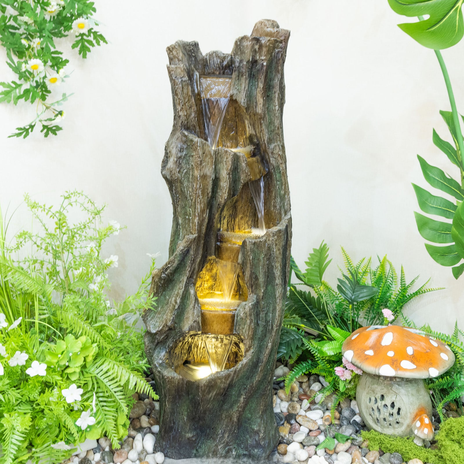 GDFStudio 39in H Tree Design Outdoor Water Fountain with LED Lights Freestanding Resin Waterfall Garden Fountain for Patio Backyard Lawn