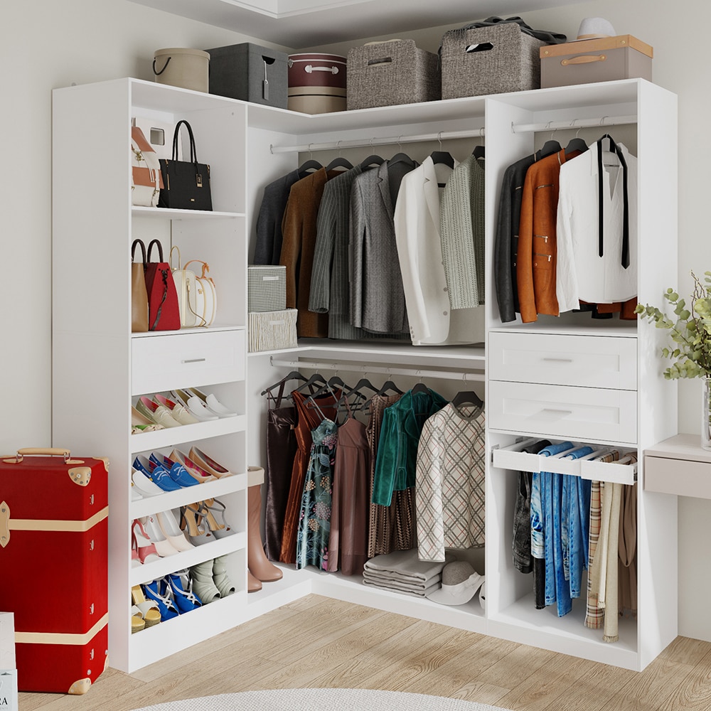 Homsee V-KF460066-01-AB Large White Corner Hanging Wardrobe with Three Drawers Double Hanging Rods Pants Rack and Shoe Shelf for Bedroom Storage