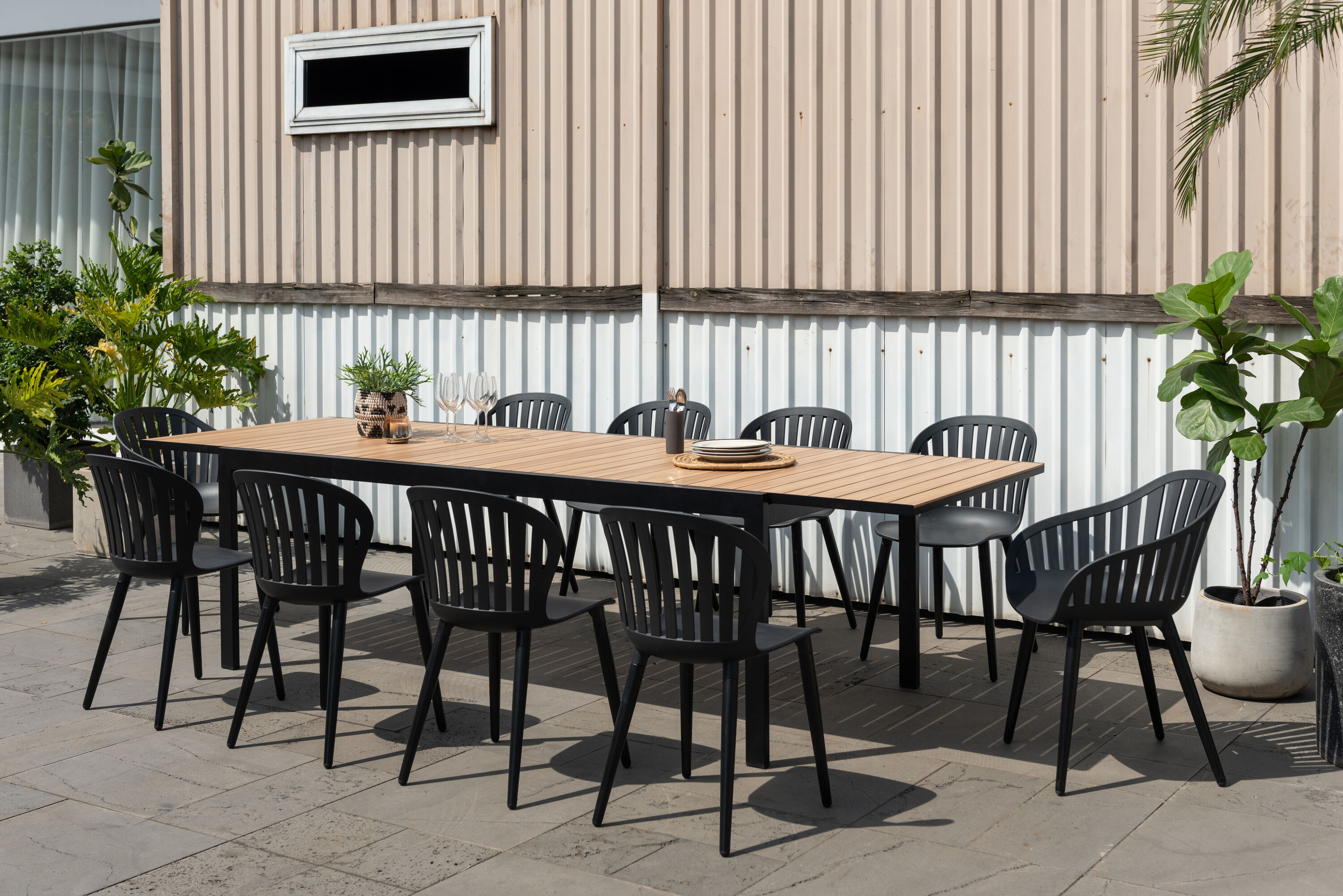 Amazonia PAN8CANSD2CANARMBK 11 -Piece Wood Patio Dining Set Extendable Table Aluminum Rectangle Table with 10 Stackable Stationary Chairs