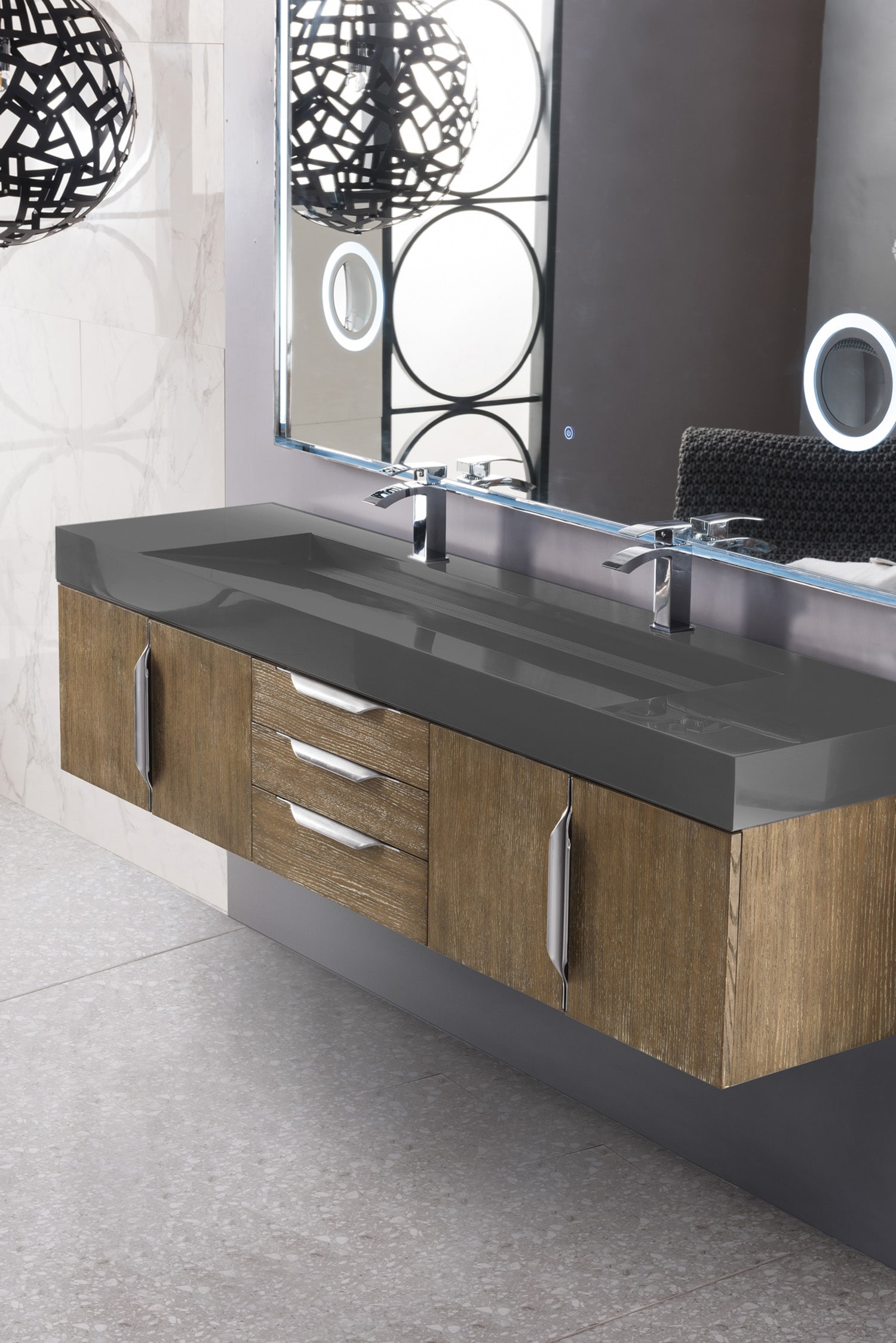 72 inch Wall Mounted Double Bathroom Vanity Latte Oak Finish with Solid  Surface Integrated Sink Top