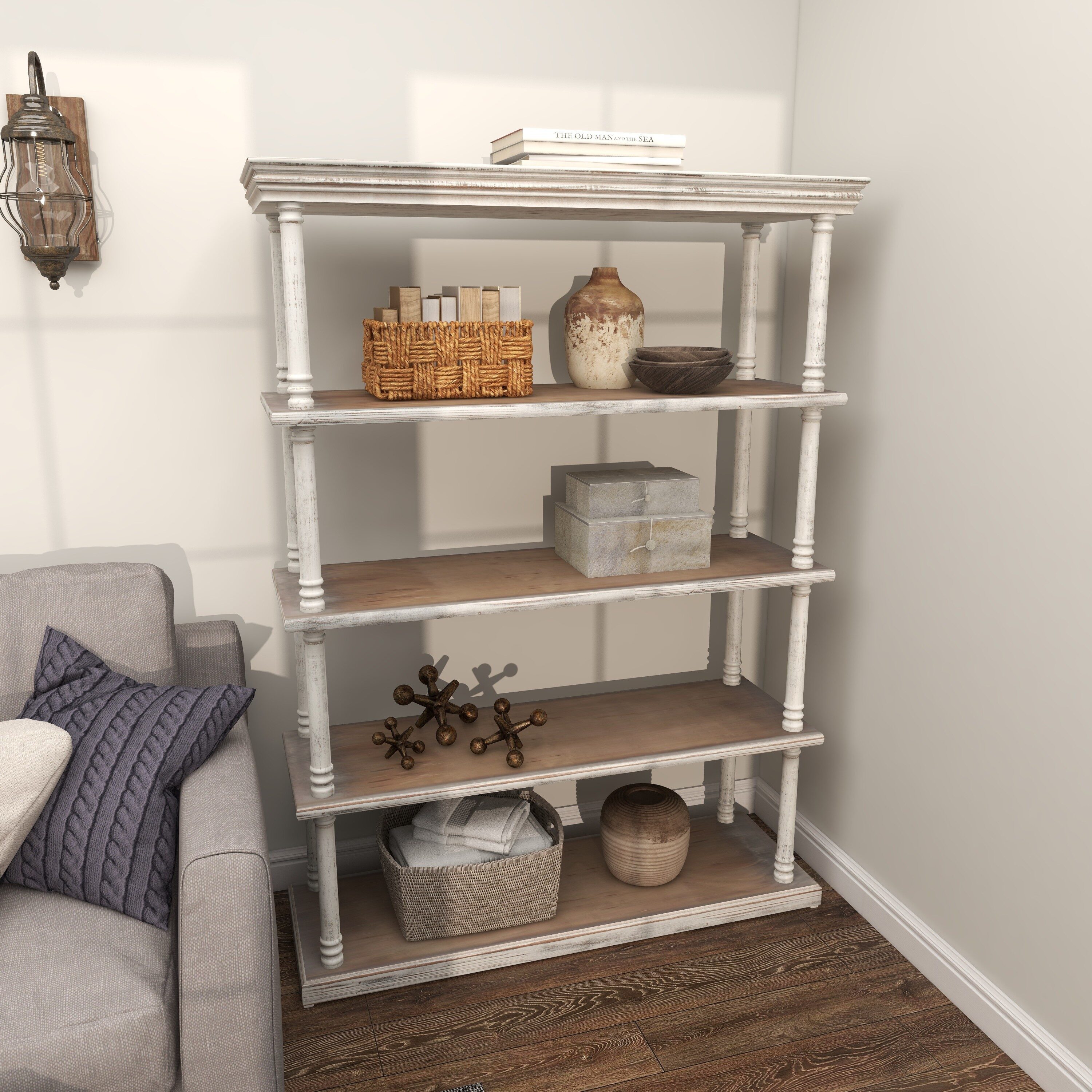 allen + roth Distressed Brown Metal 5-Shelf Bookcase (31.5-in W x 60-in H x  17.75-in D) in the Bookcases department at