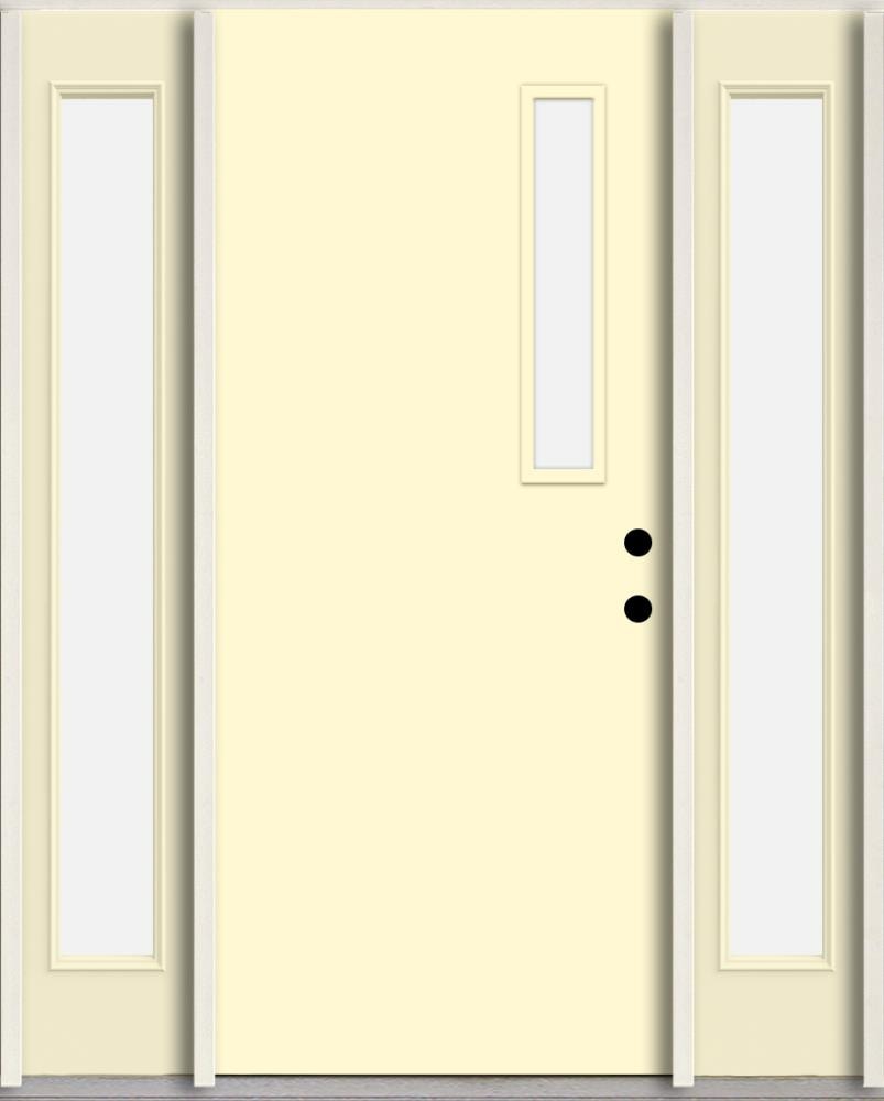 RELIABILT LO1063232 Spotlights 56-in x 80-in x 4-5/8-in Fiberglass 1/4 lite Left-hand inswing Bisque Paint Painted Prehung Front Door with Sidelights Insulating core