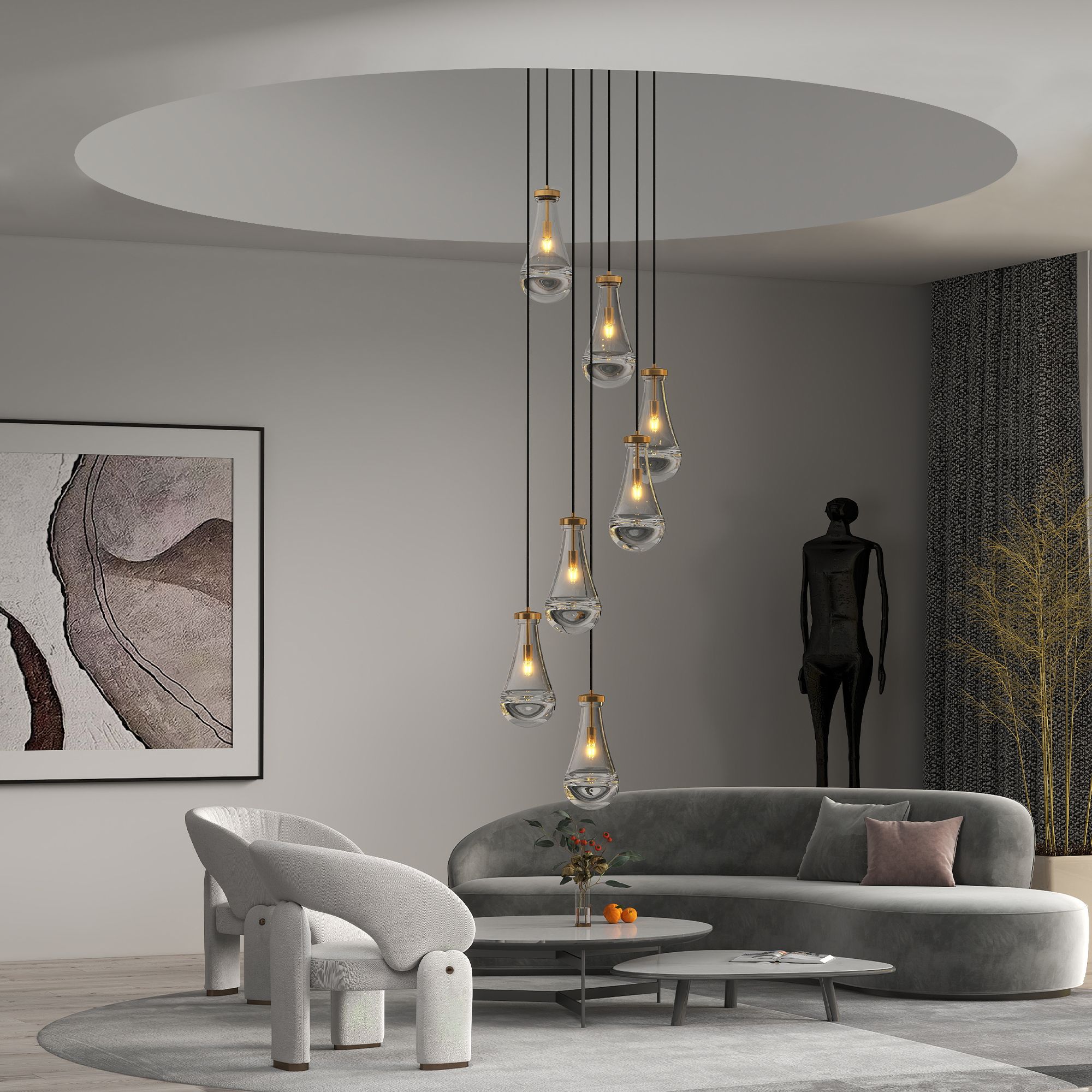 HomLux 7 Light Gold Cluster Pendant Light Adjustable Hanging Chandelier for High Ceilings