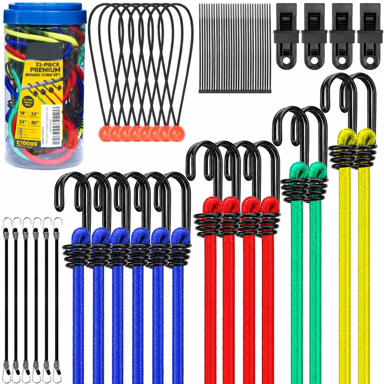 Ahfiwaso 33 Piece Bungee Cord Assortment Set with Hooks Includes 10 18 24 32 40 Inch Cords Nylon Cable Ties Tarp Ball Ties and Tarp Clips for Camping