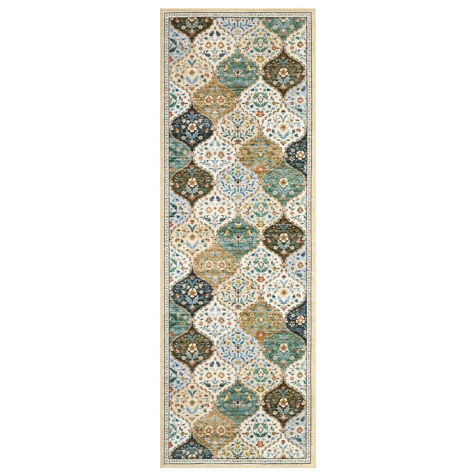 Qeetex SUNNY-PHK-34FD8J4H 2 x 6 ft Polyester Beige Rectangular Laundry Bathroom Kitchen Laundry Floral Leaf Print Soft Non Slip Modern Machine Washable Runner Rug