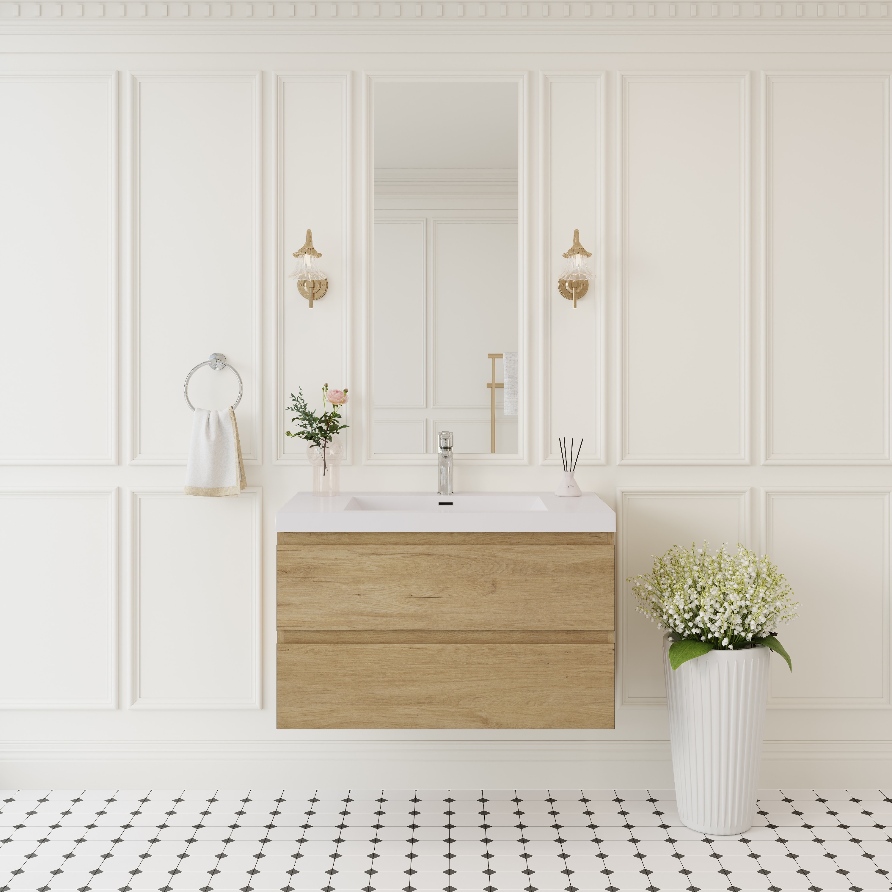 GDFStudio Havenport 36 in. Modern Floating Bathroom Vanity with Solid Surface Integrated Seamless Sink Basin Soft Close U-Shaped Drawers Pre-Assembled Vanity Base - Natural Oak Finish
