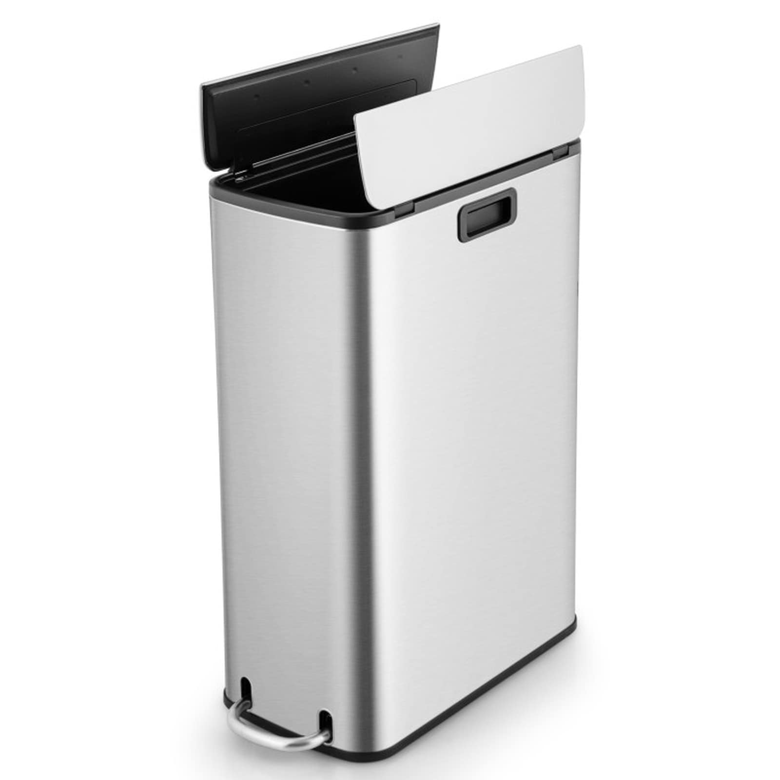 SUGIFT 12-gal Stainless Steel Trash Can with Soft Closing Wing Lids Step Pedal and Removable Inner Bucket 3-Layer Anti Fingerprint Silver Slim Kitchen Trash Cans 20.5-in x 10.5-in x 27-in for Kitchen Bathroom Home Office and Living Room Corners