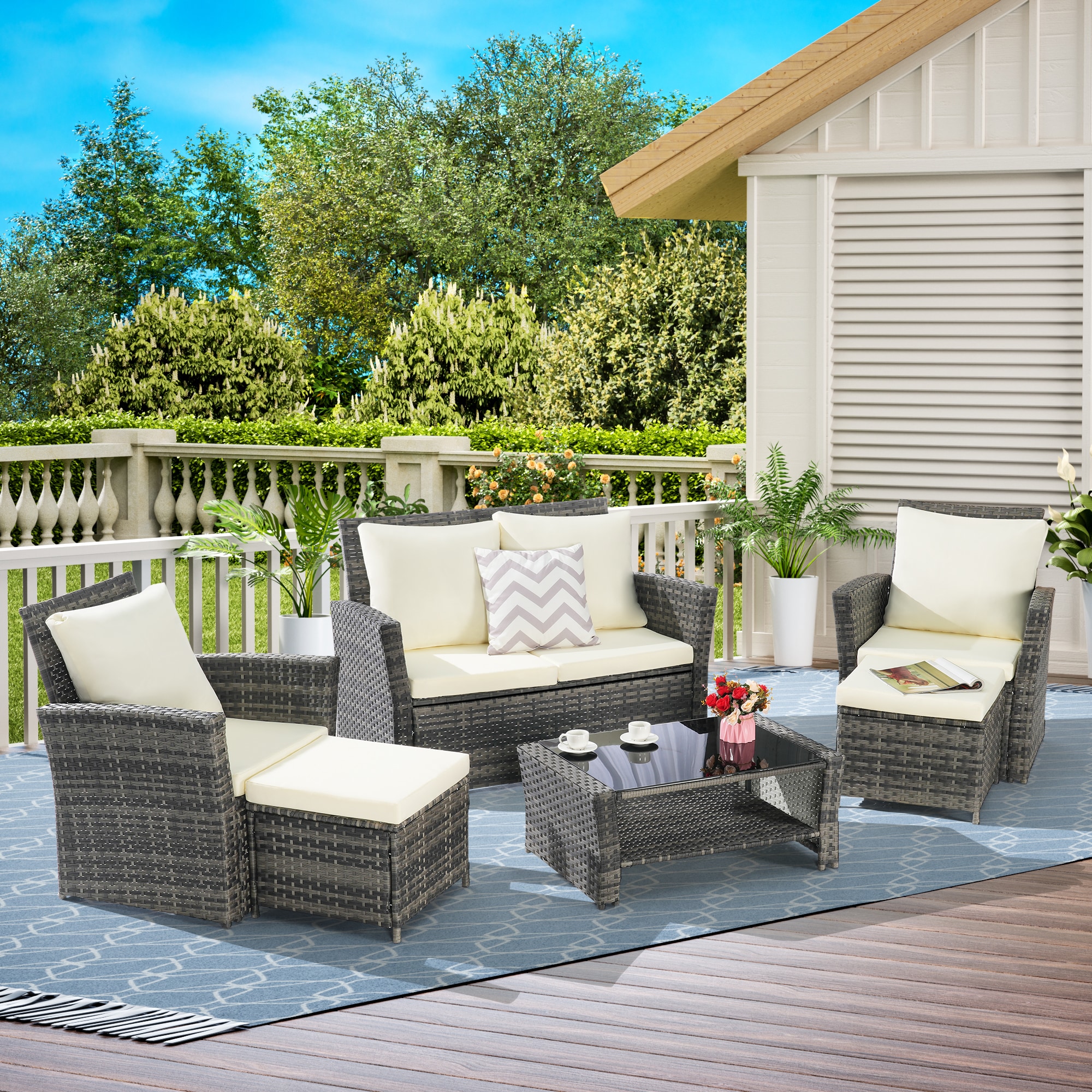 SANSTAR LRS-WS102SN 6 -Piece Wicker Patio Sofa Conversation Set with Off-white Polyester Cushions