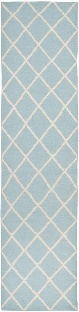 Safavieh DHU565B-210 Dhurries Hara 2 x 10 (ft) Wool Light Blue/Ivory Rectangular Indoor Trellis Coastal Runner rug
