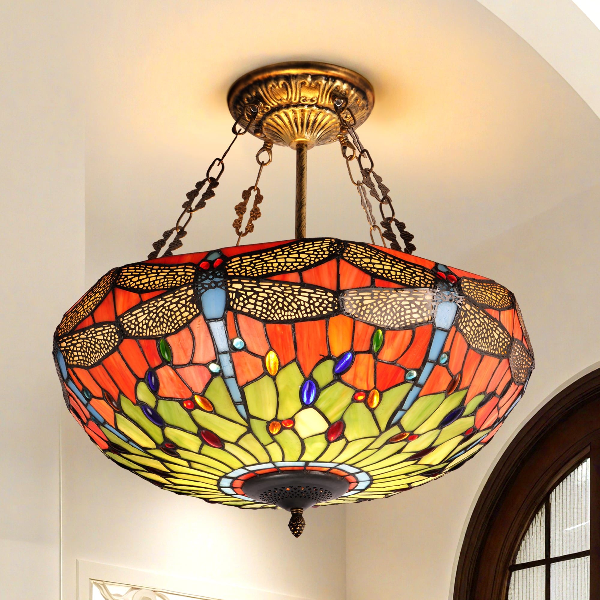 EFPERFECT 19.7-Inch 5-Light Dragonfly Tiffany Style Flush Mount Ceiling Light