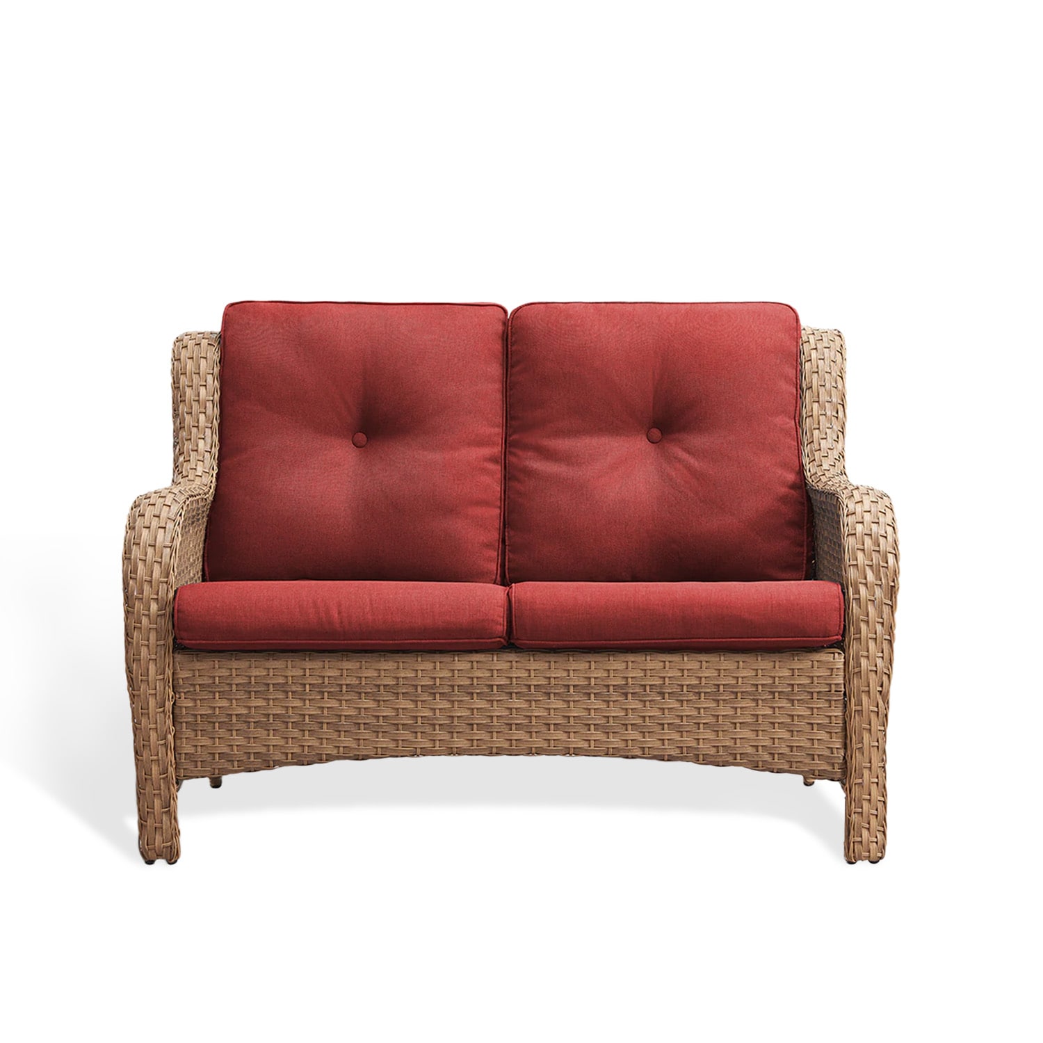 Rilyson FS108-5 Curved handrail Wicker Outdoor Loveseat with Red Cushions and Steel Frame