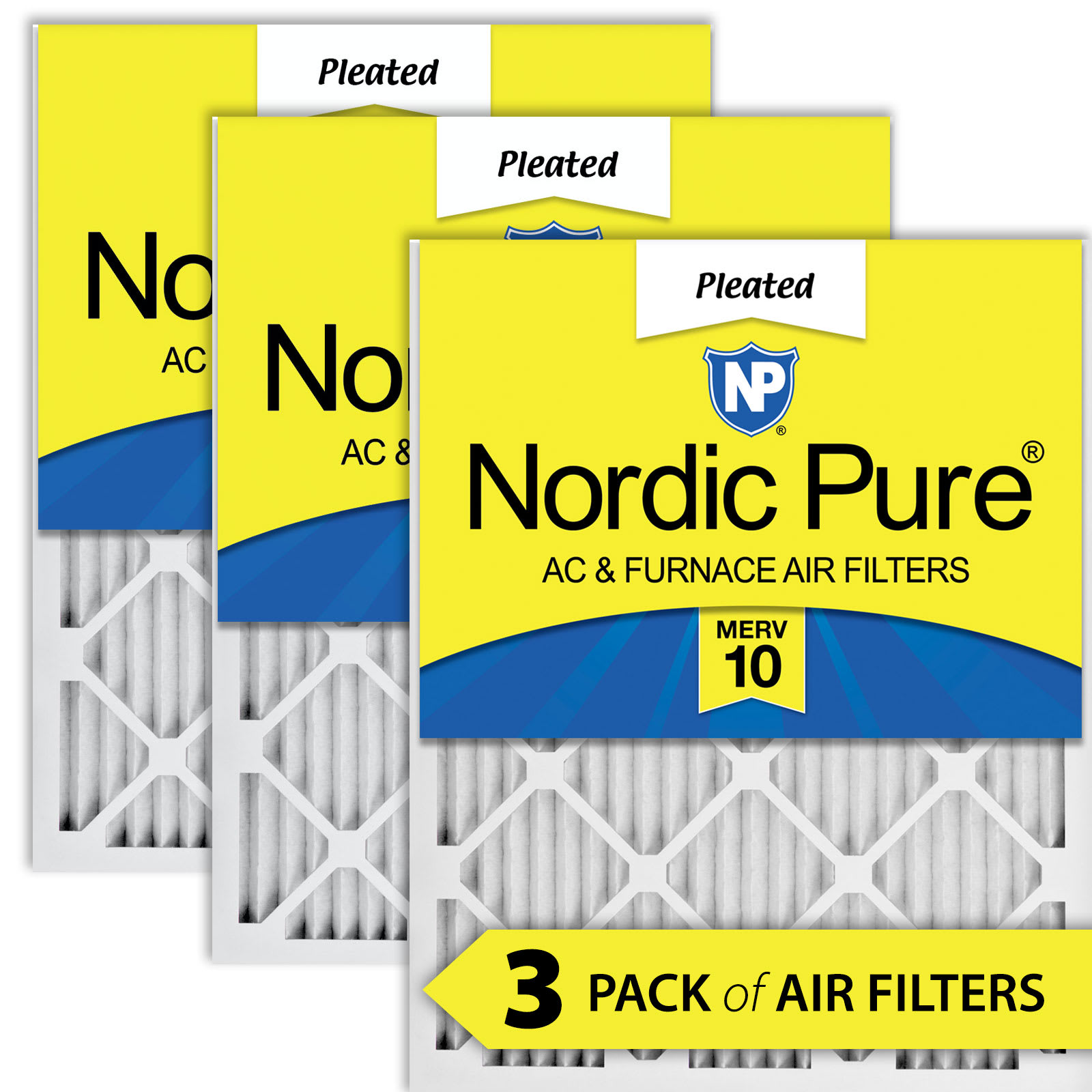 Nordic Pure 20x20x1 (19 1/2x19 1/2) Pleated MERV 10 Air Filters 3 Pack