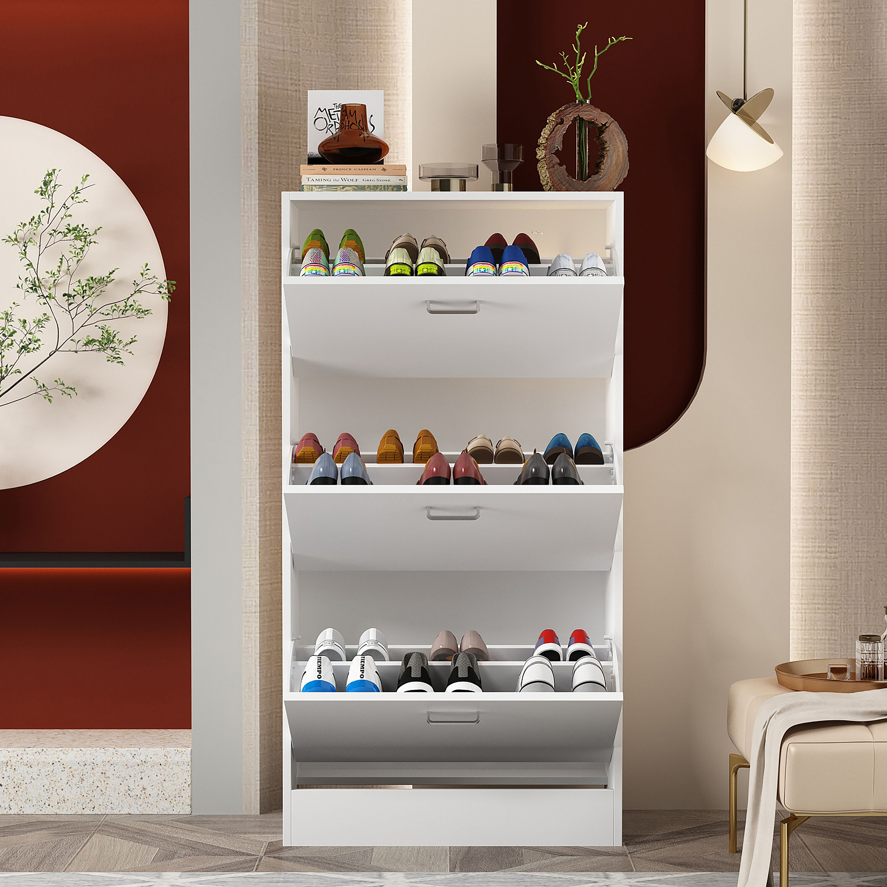 FUFU&GAGA LJY-WL0140-01 42.3-Inches H 3 Tier 12 pair Black MDF Shoe cabinet