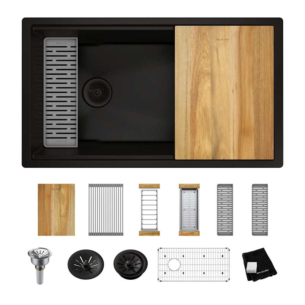Elkay ELXRU13322W Quartz Luxe 33 Inch Undermount Single Basin Quartz Composite Workstation Kitchen Sink with Basin Rack, Colander and Cutting Board #ELXRU13322WDN0
