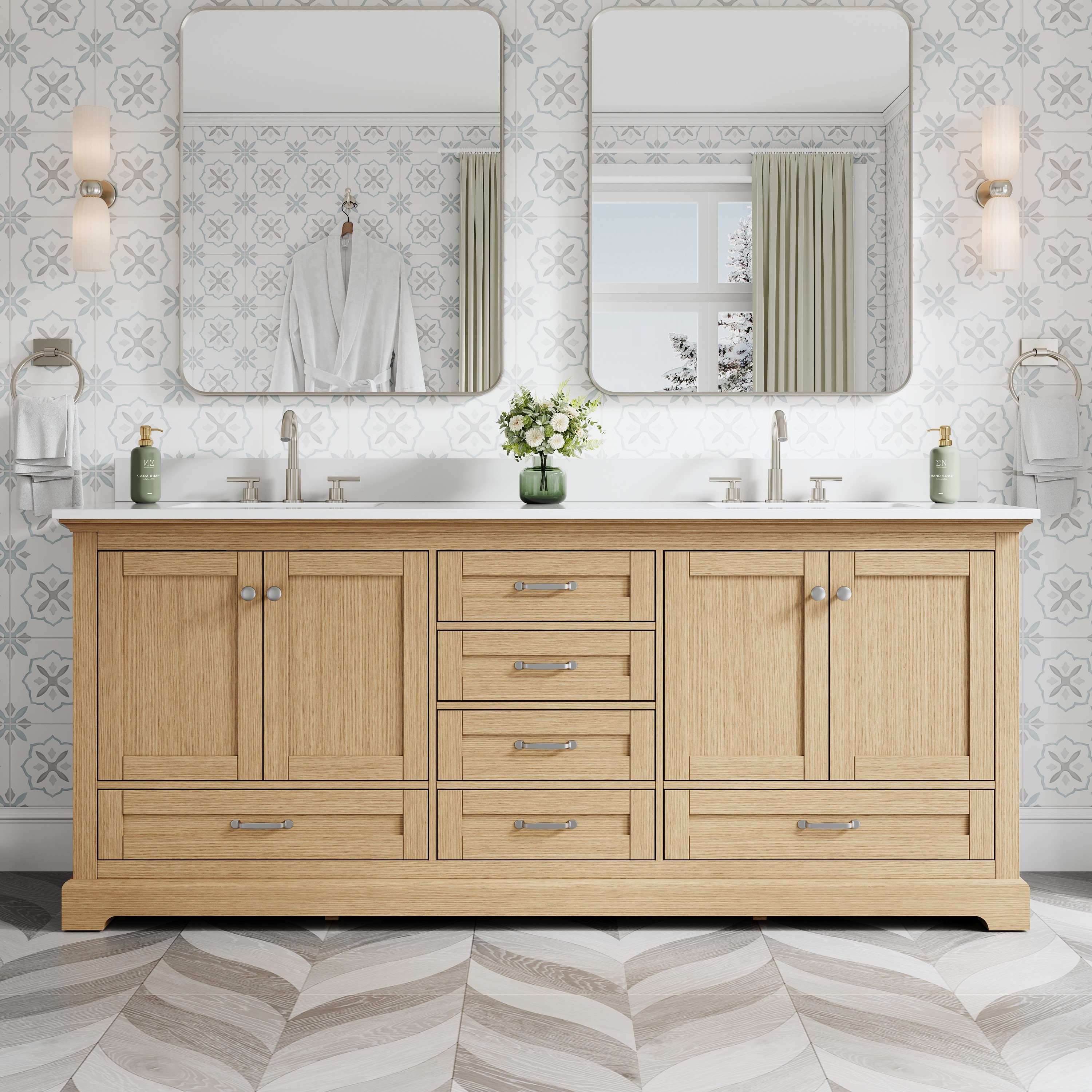 Gtnali 80-in OAK Solid Wood Double Sink Bathroom Vanity with Pure White Cultured Marble Top Soft Close Fully Assembled