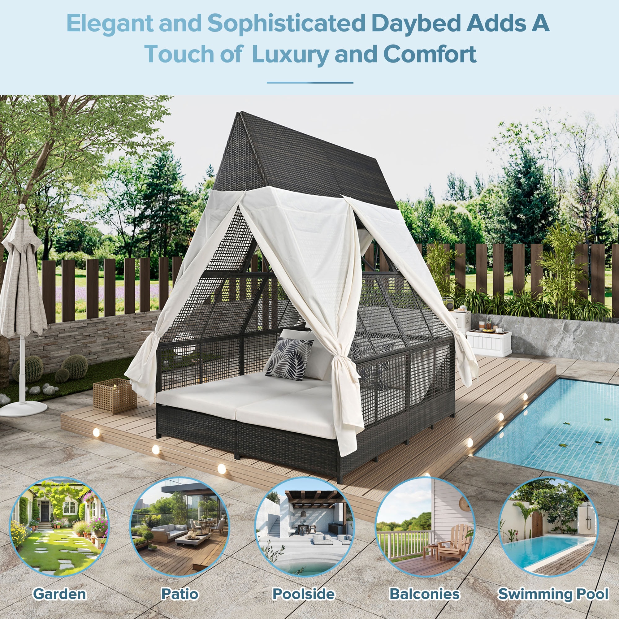 BABOOM Daybed Patio Lounge Bed Wicker Daybed with Off white Cushions and Iron Frame BOM 0050AAA OR at Lowes