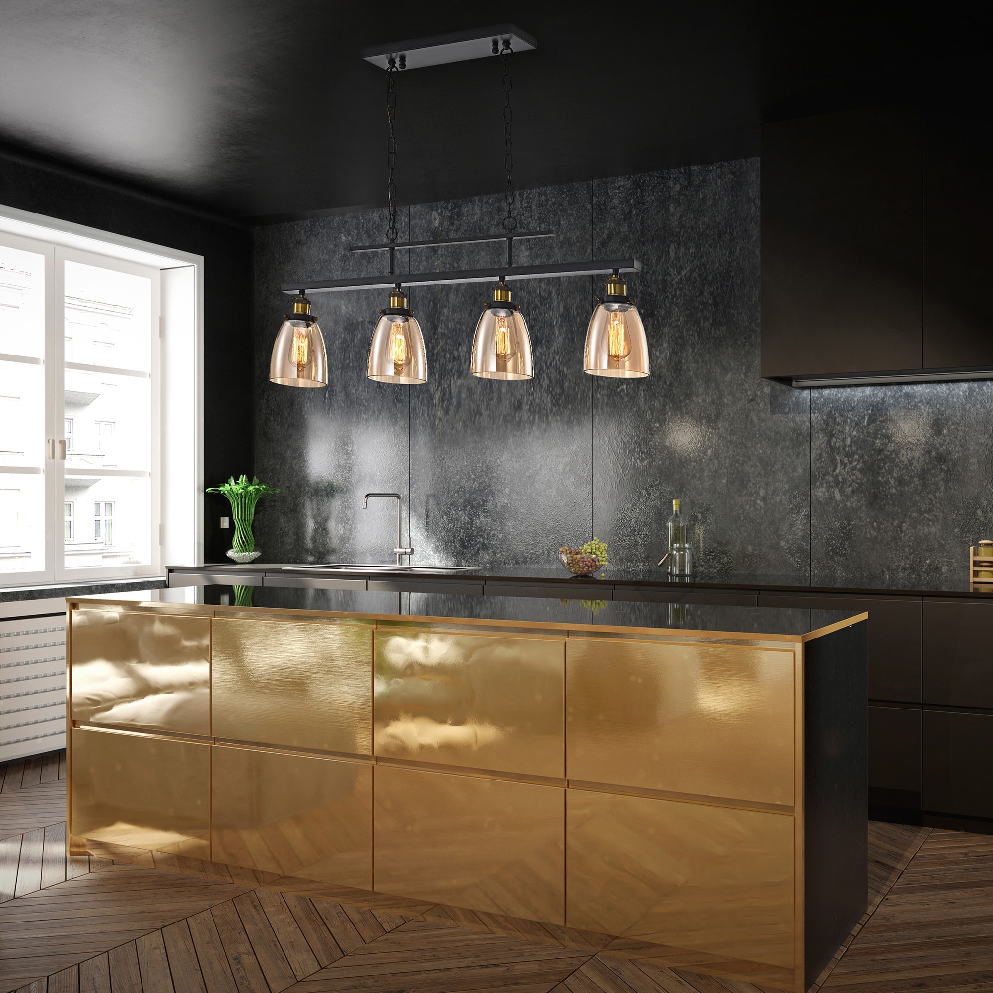 Walden Antique Black 4-Light Linear Kitchen Chandelier with Amber Glass