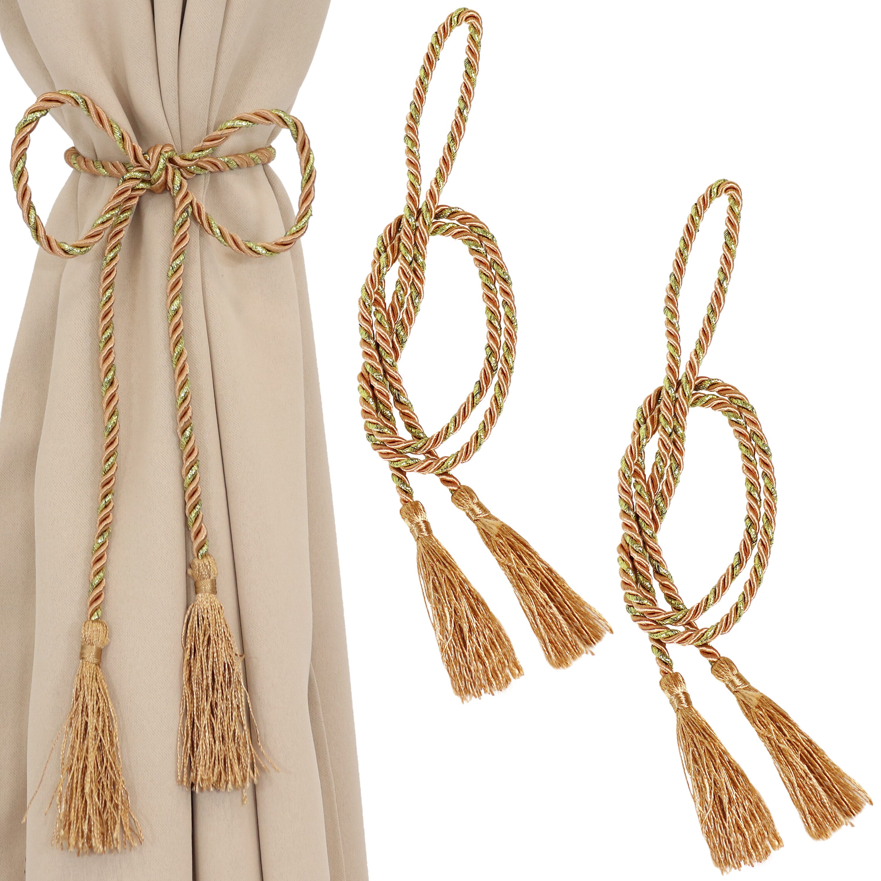 Copper Finish Polyester Rope Curtain Tiebacks with Tassels (Set of 2)