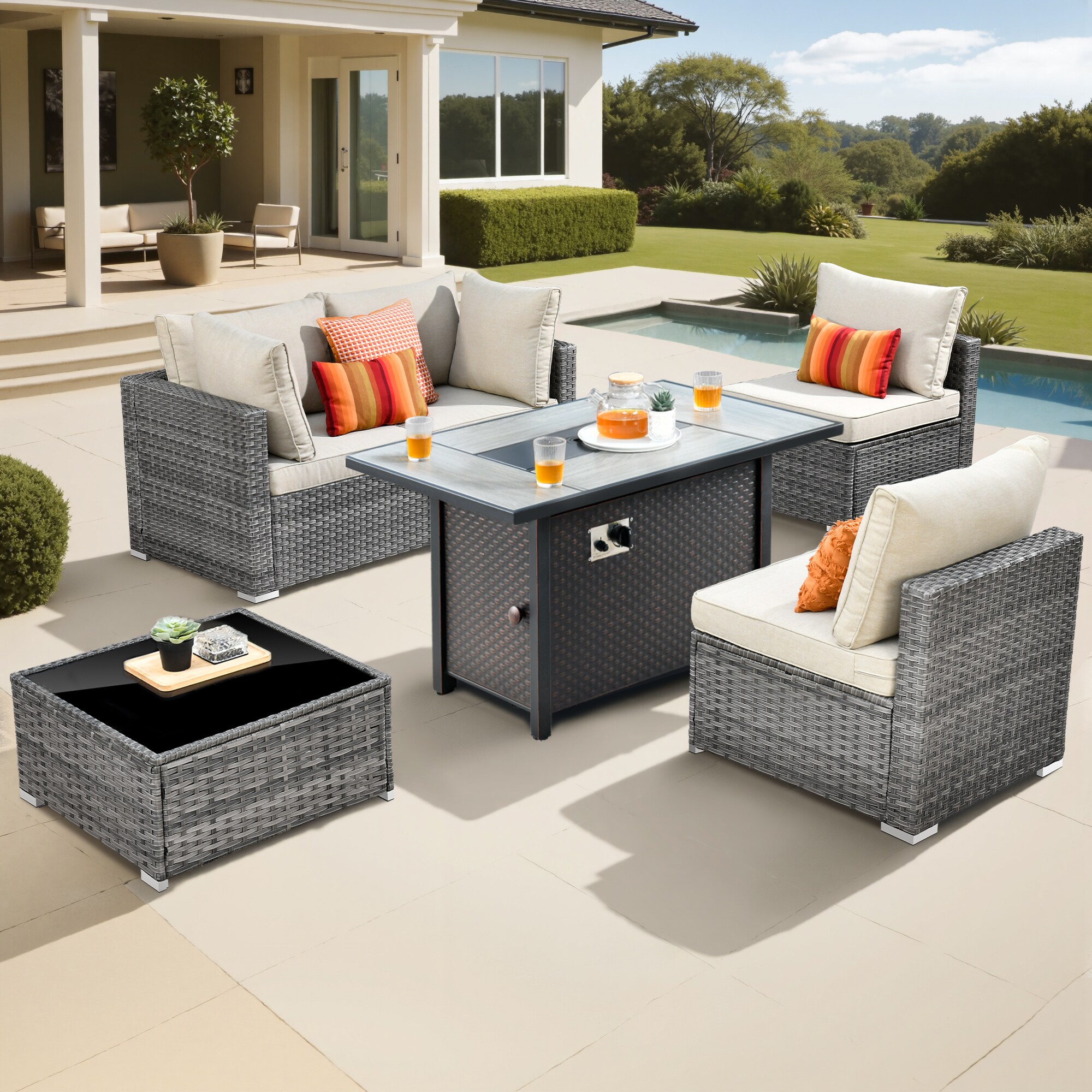 Pouuin SCFPHOP605 5 -Piece Wicker Patio Conversation Set with Beige Cushions