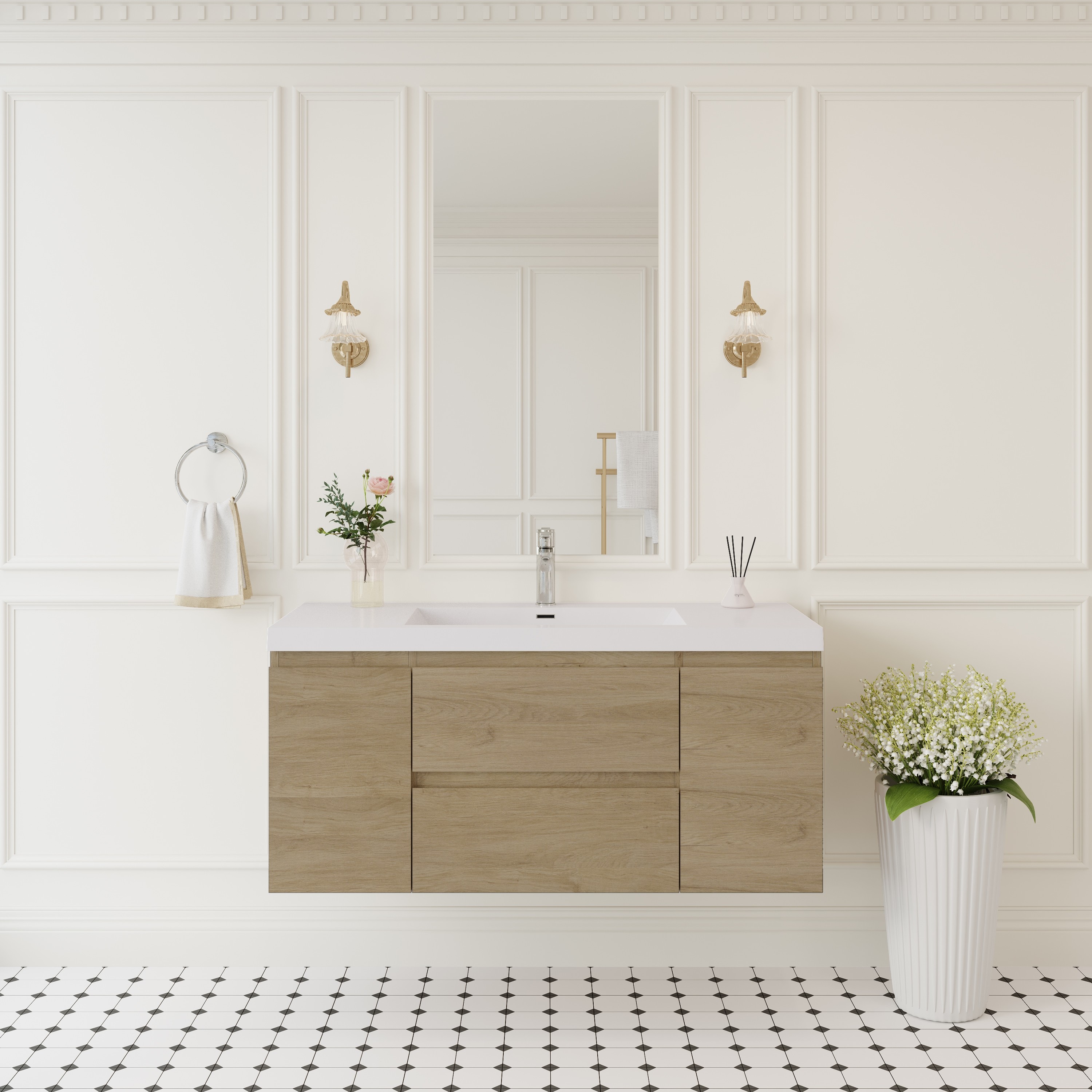 Iseryn YSG27023P15 48-in Oak Undermount Single Sink Floating Bathroom Vanity with White Solid Surface Top