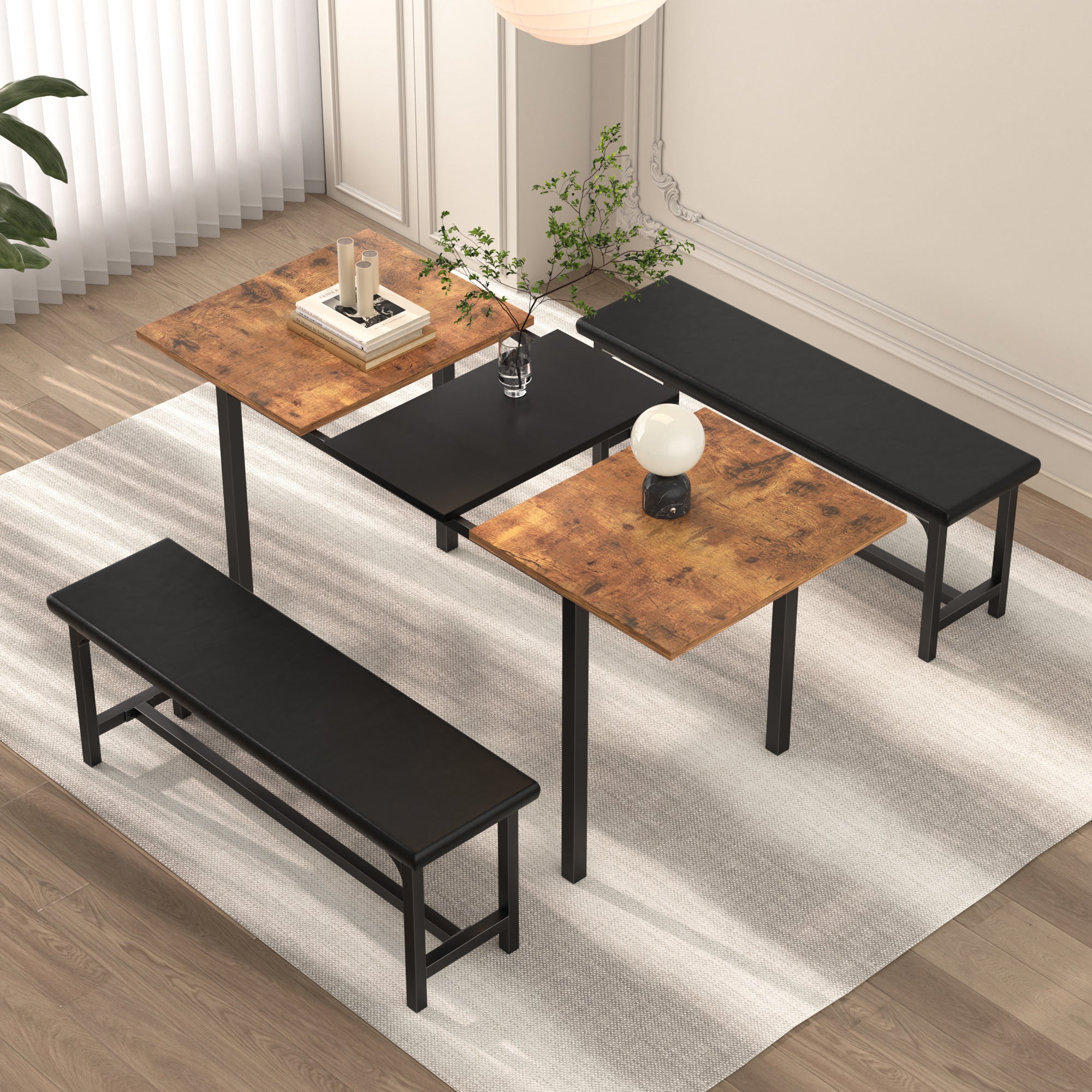 Vecelo LOE-TC17-BRN Rectangular Expandable Dining Table Set Wood Kitchen Table with Bench Space Saving Kitchen Furniture Set for 6 or 8 People