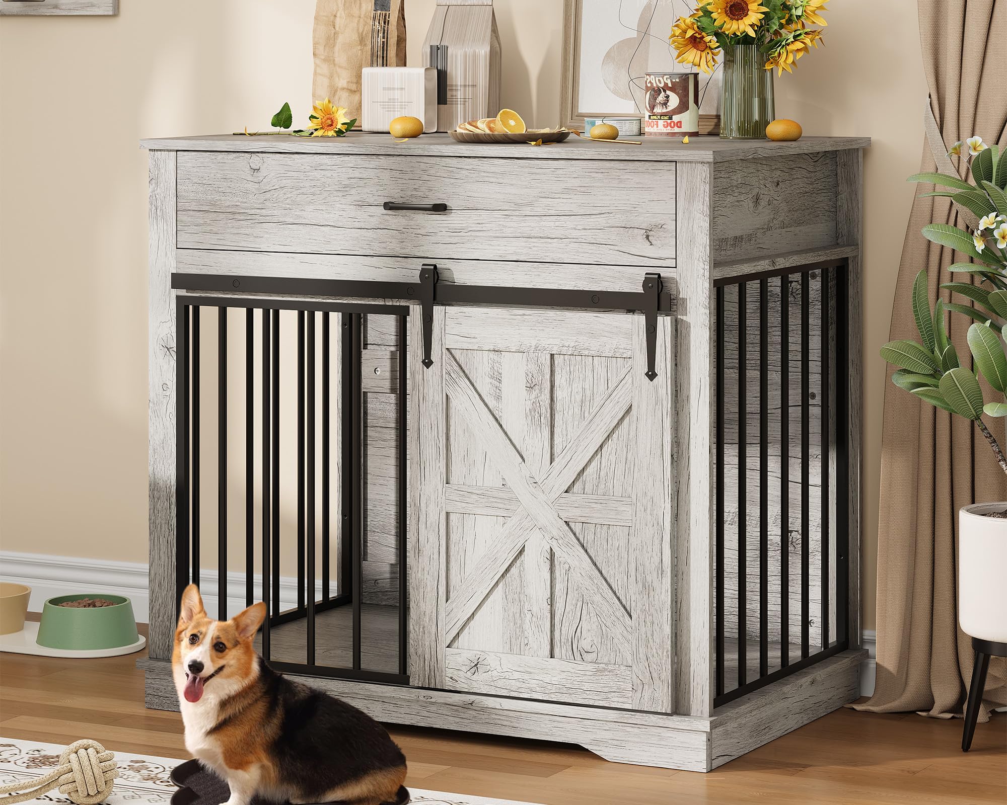 Garvee Dog Crate Furniture for Small Medium Dogs 2 in 1 Iron Wood Fusion Dog Cage Indoor As Side End Table Farmhouse Dogs Kennel with Sliding Barn Doors Storage Drawer Gray