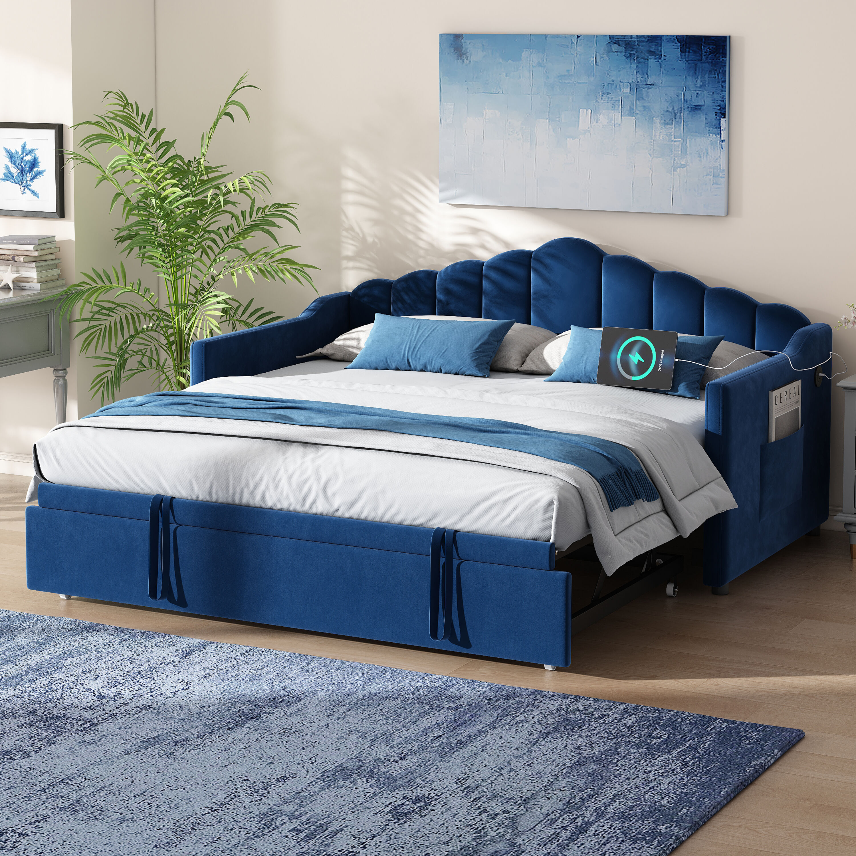 ModernLuxe L3P-N733S285118C Upholstered Twin Size Daybed with Adjustable Height Pop Up Trundle Twin Bed and USB  TypeC Charging Port Day Bed Frame with 2 Side Pockets No BoxSpring Needed Blue