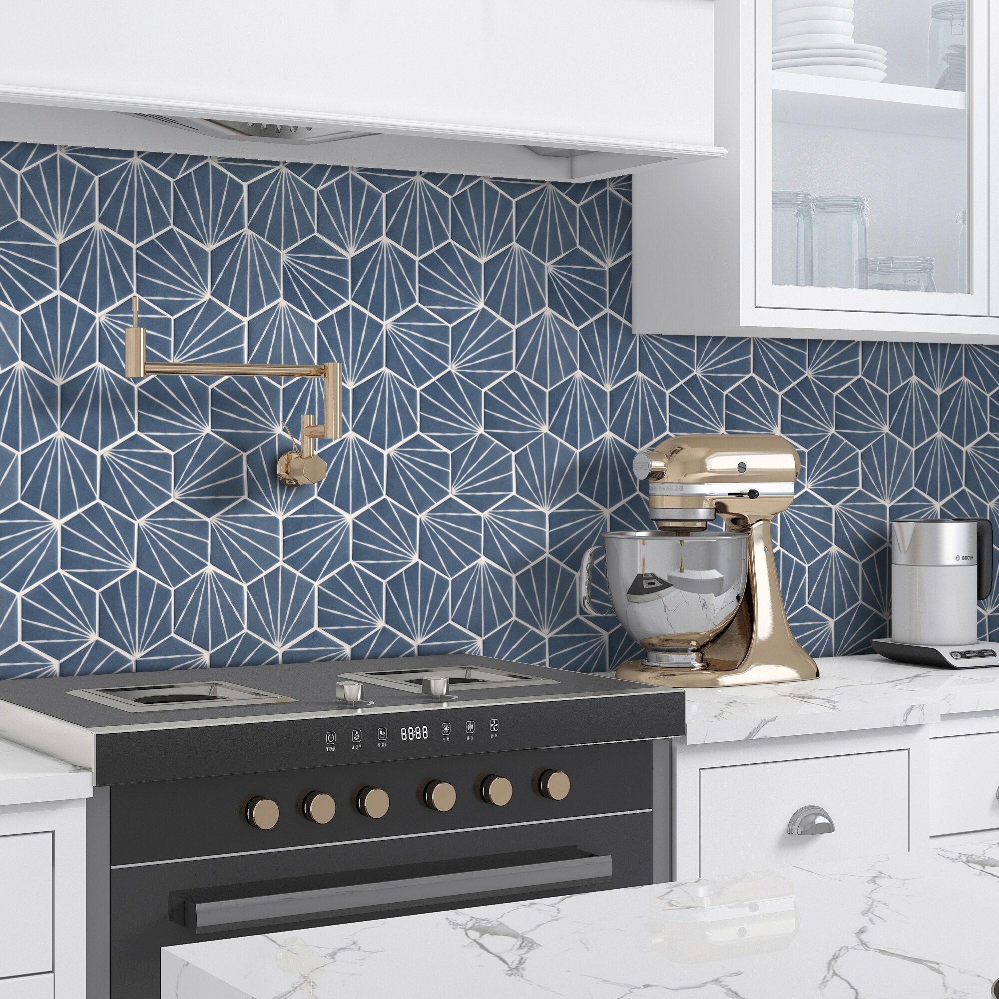 SUNWINGS Blue 10-in x 12-in Matte Recycled Glass Cement Look Hexagon Mosaic Floor and Wall Tile (8.86-sq. ft/ Carton)