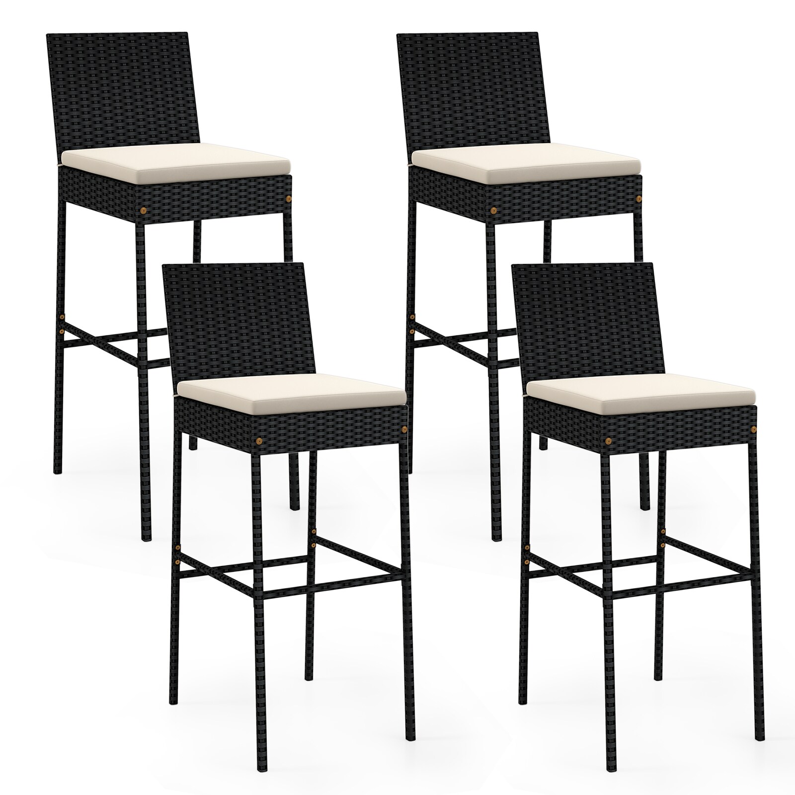 YERIVA HSM733144 Set of 4 Rattan Black Rattan Frame Stationary Bar Stool Chair with Off-white Cushioned Seat