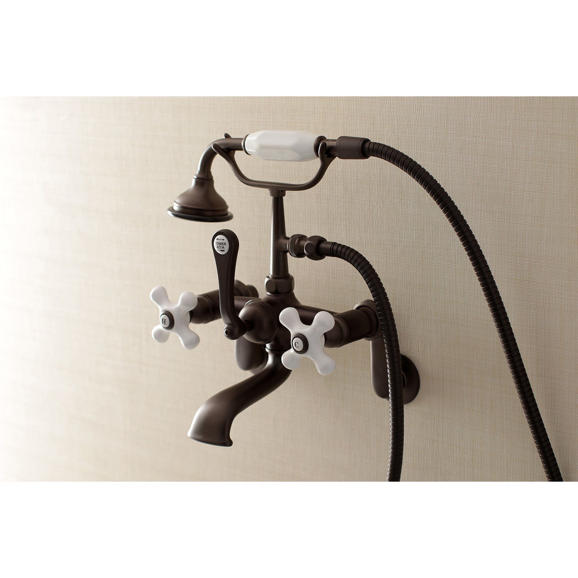 Kingston Brass WLAE59T5 Aqua Vintage Oil-rubbed bronze 3-handle Wall-mount Low-arc Bathtub Faucet with Hand Shower ( Valve Included )