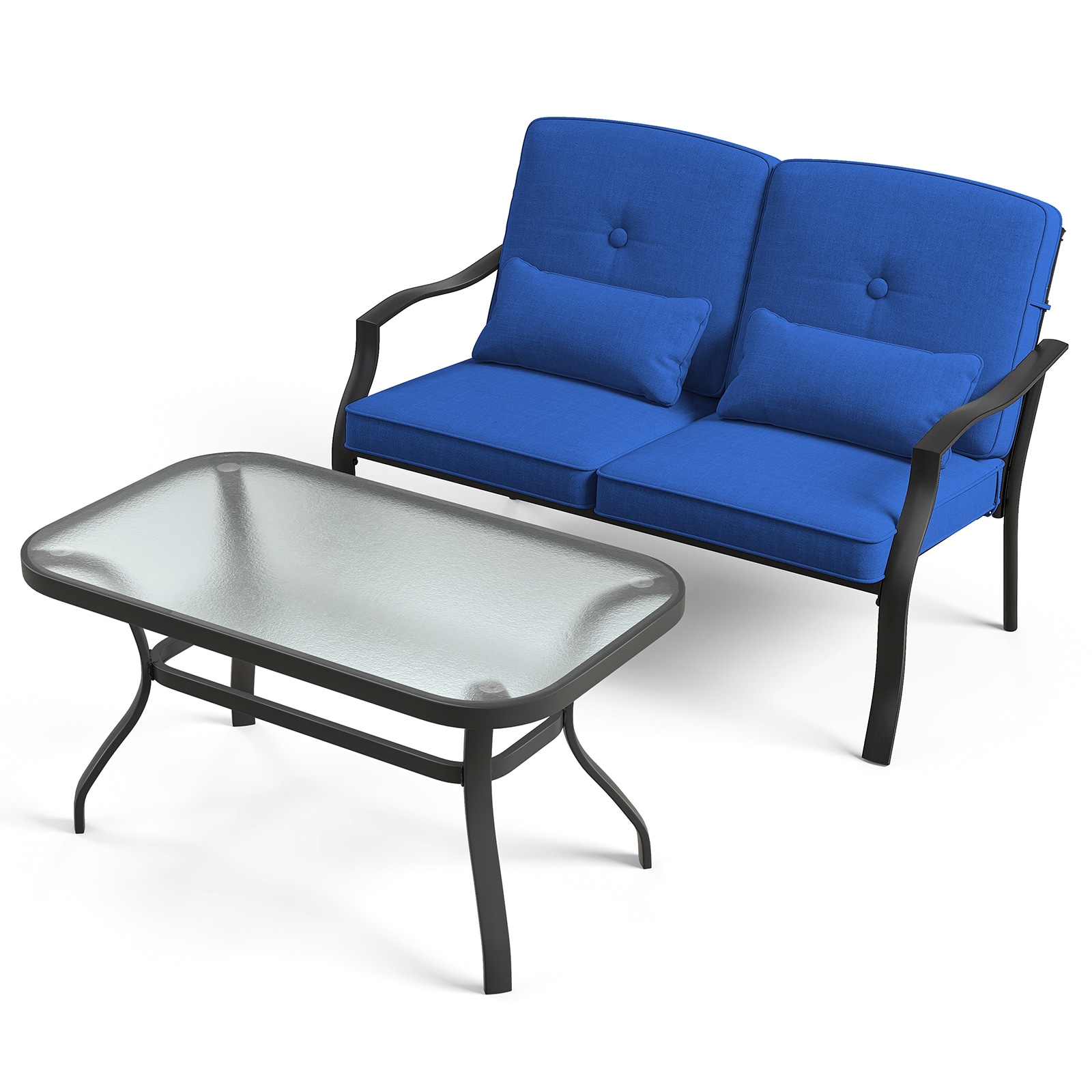 Slickblue D-CO-21-YN62901PN 2-Piece Outdoor Patio Set with Loveseat Gray/ Navy Cushions Metal Frame and Ripple-Style Tempered Glass Coffee Table for Backyard Patio or Poolside