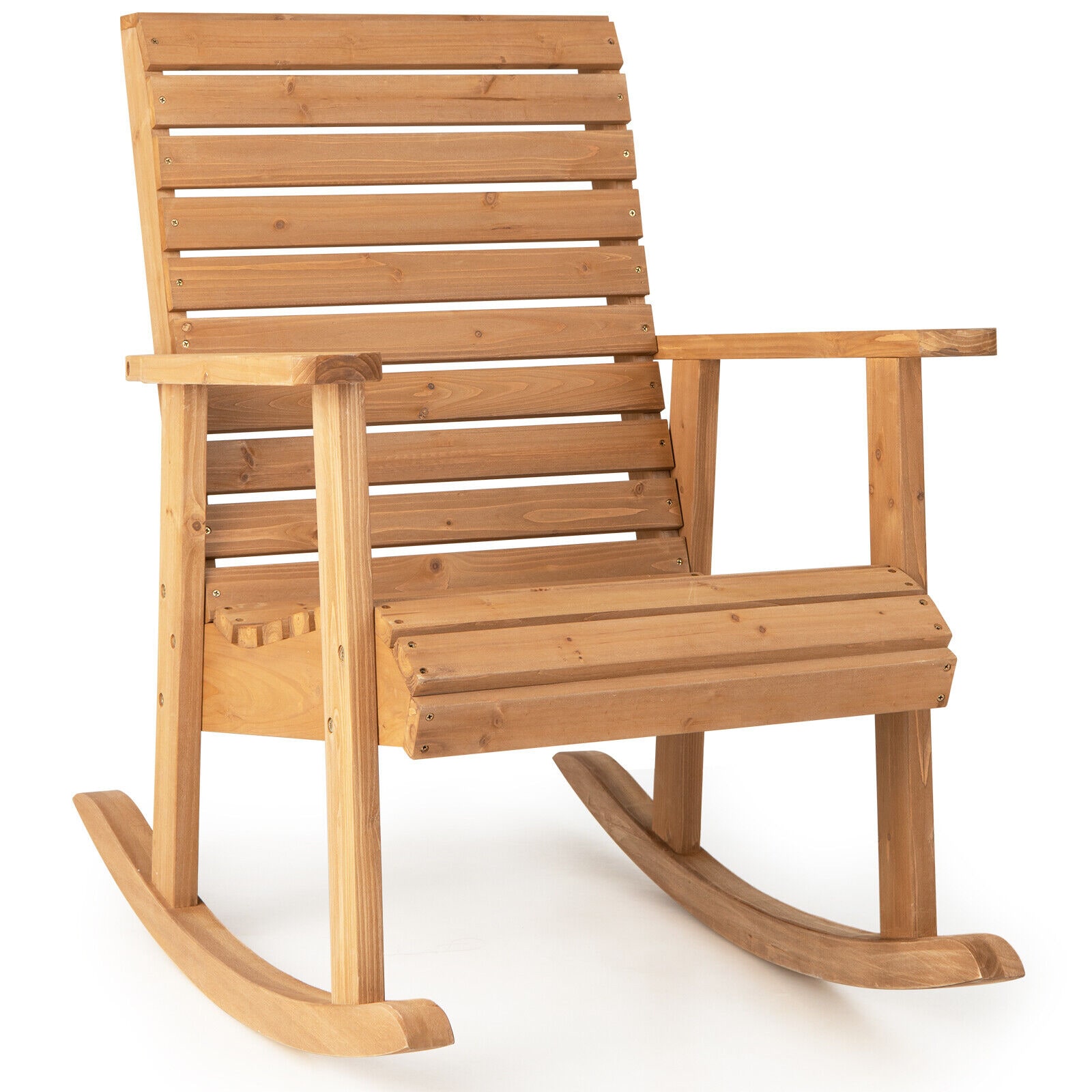 Slickblue - 1 Piece Natural Fir Wood Outdoor Rocking Chair with High Back Wide Armrests Curved Se...