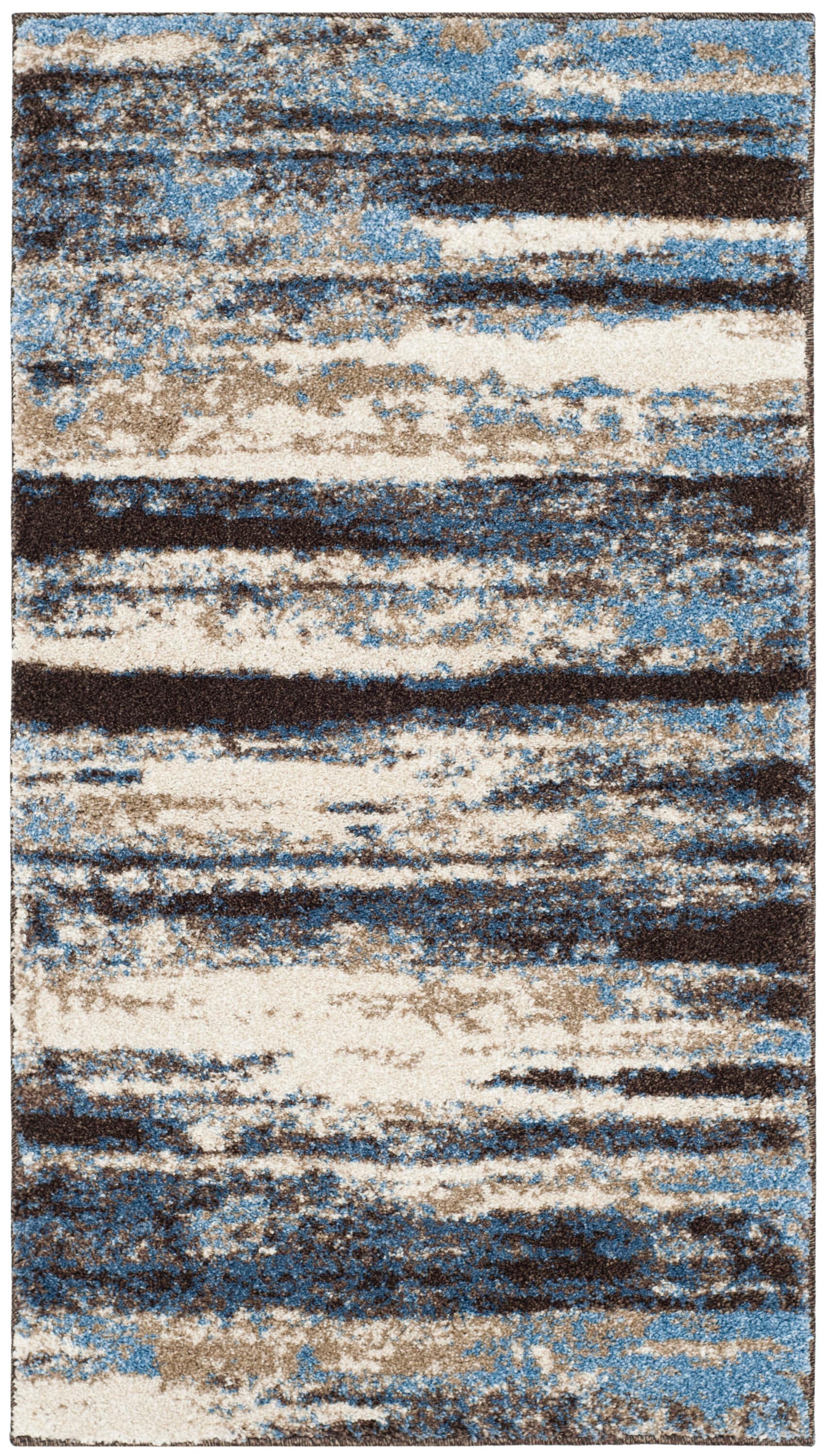 Luxurious Cream & Blue Abstract Synthetic Shag Rug - 2'6" x 4'