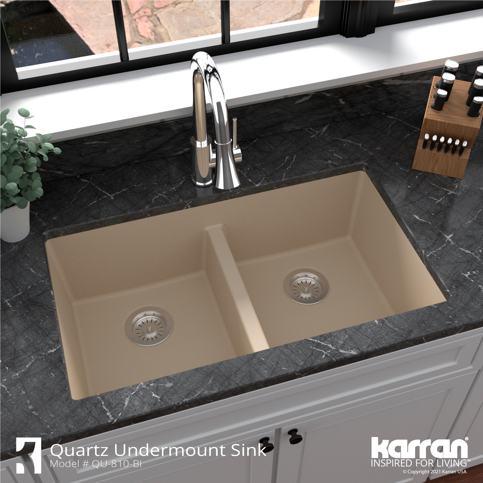 Karran QU-810 32 Undermount Double Equal Bowl Quartz Kitchen Sink in Concrete