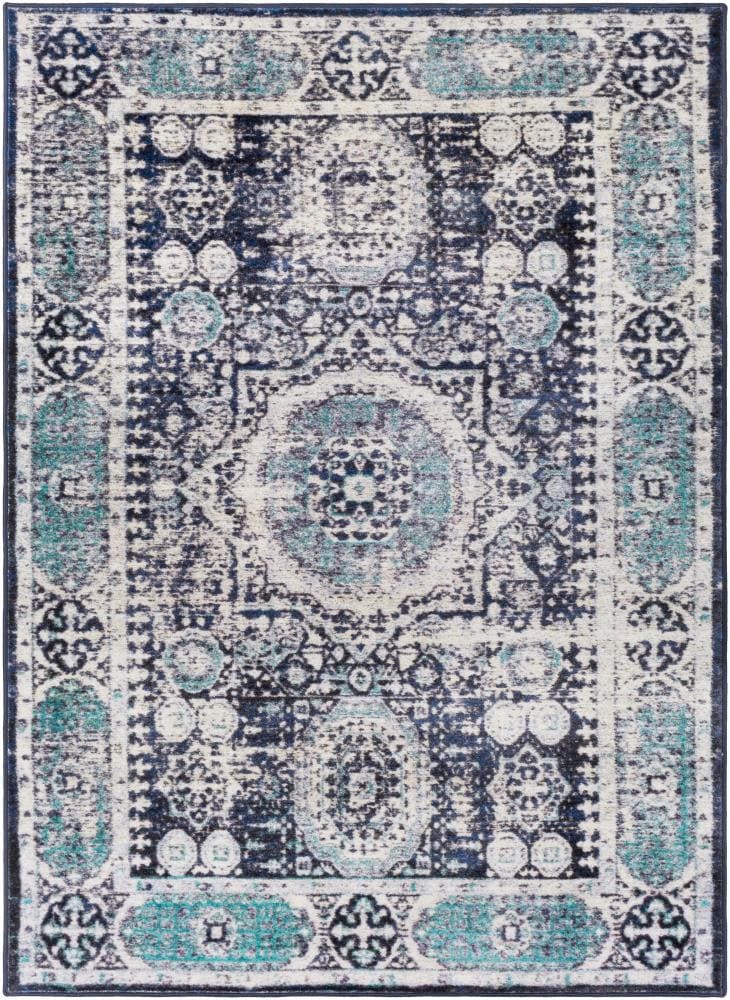 Surya SKR2306-5373 Silk Road 5 X 8 (ft) Aqua Medallion Oriental Area Rug