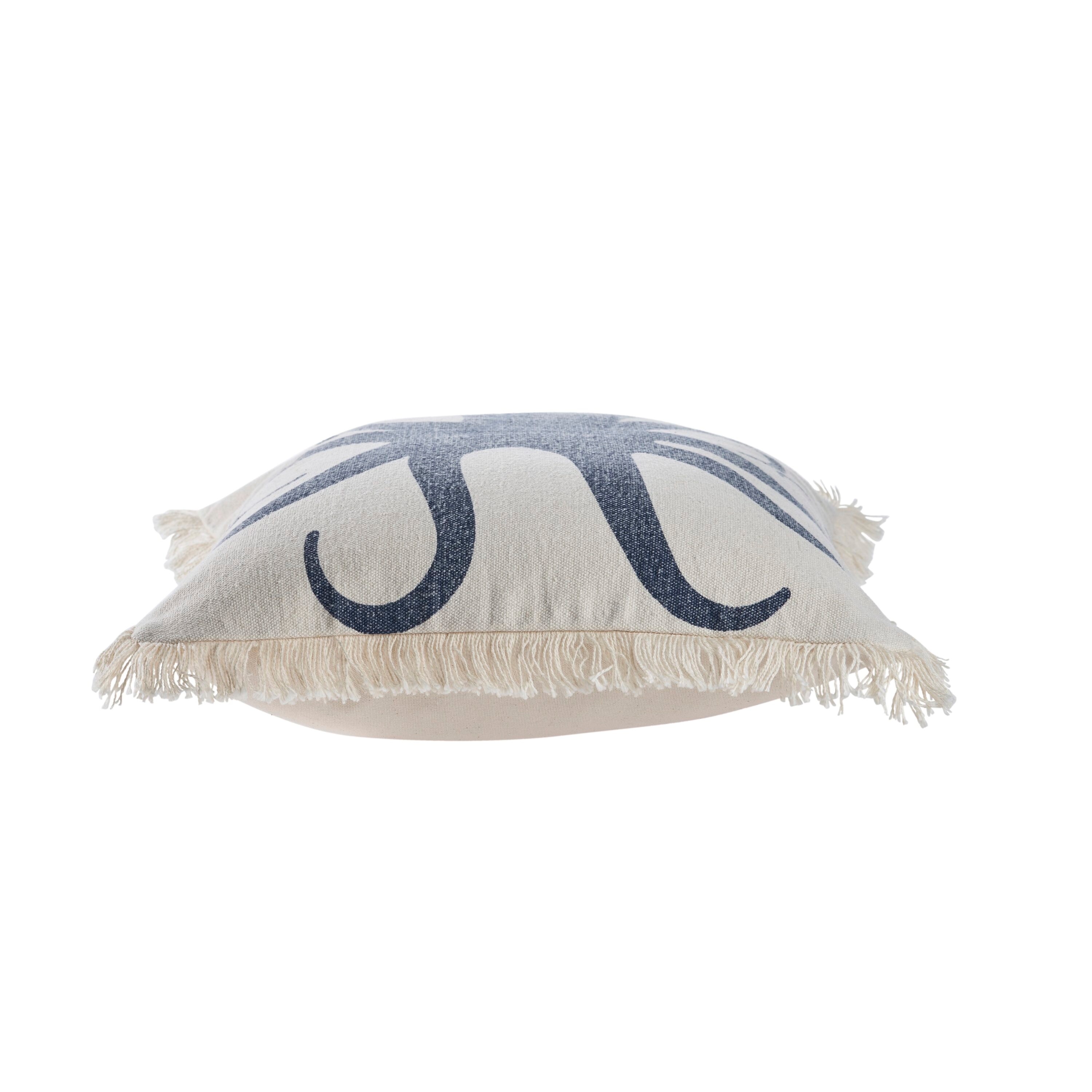 Coastal Blue Octopus Fringed Square Cotton Pillow